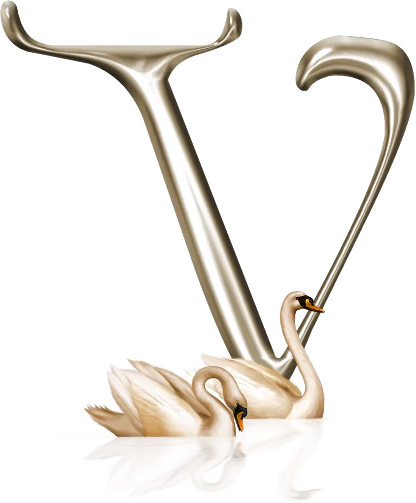 Golden Letter V with Swans Decoration