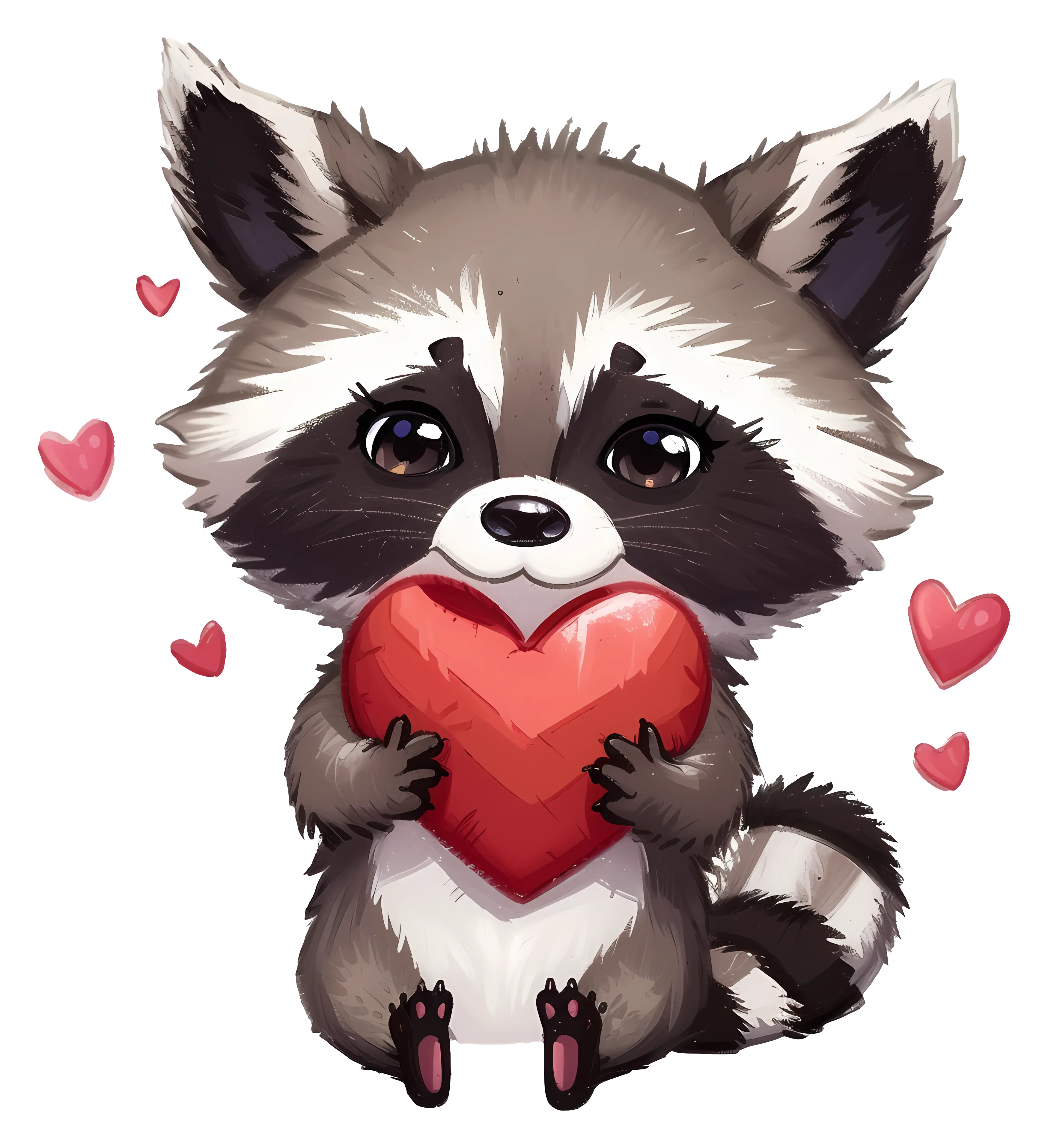 Cute Cartoon Raccoon Holding a Red Heart