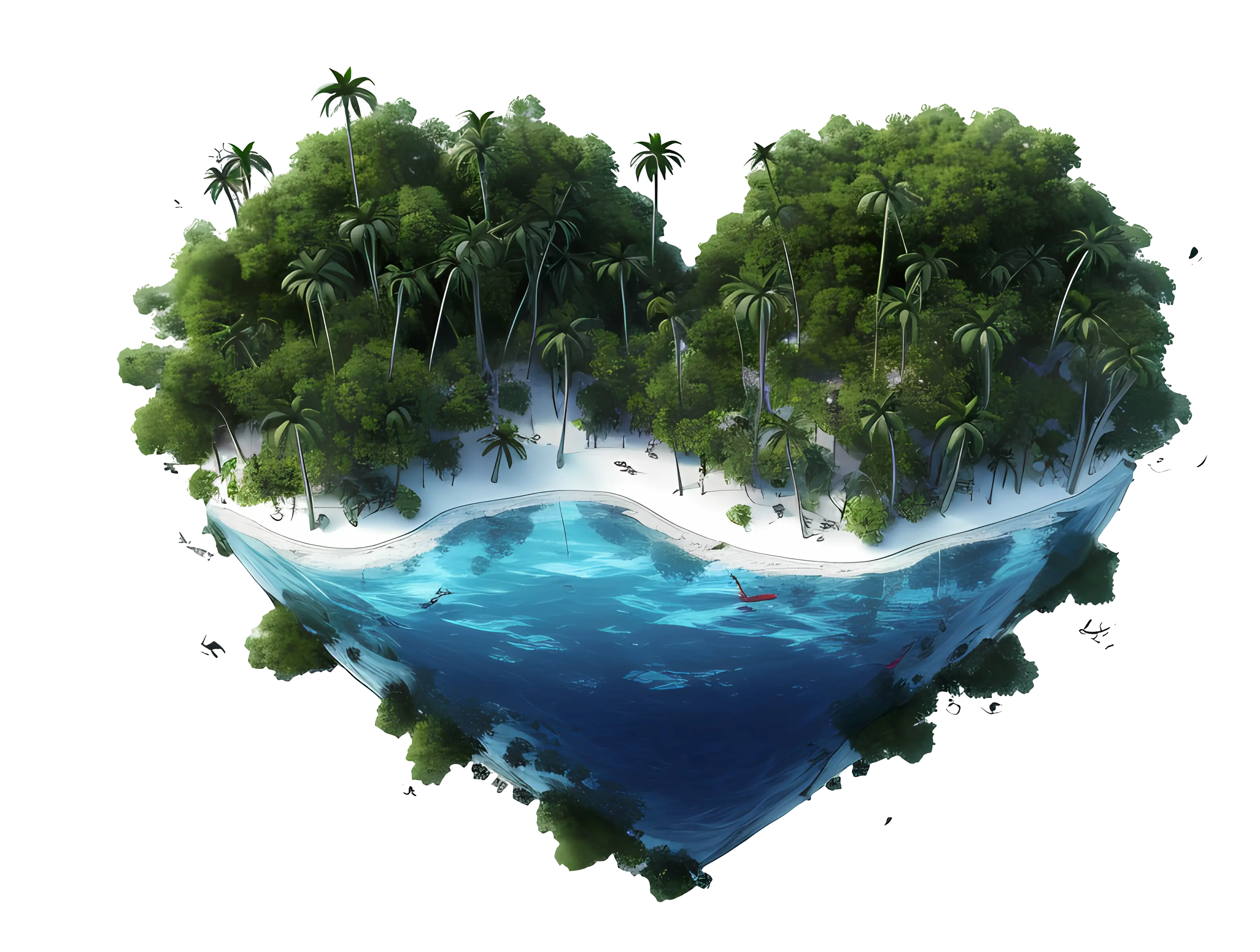 Heart-Shaped Island with Forest and Tropical Waters