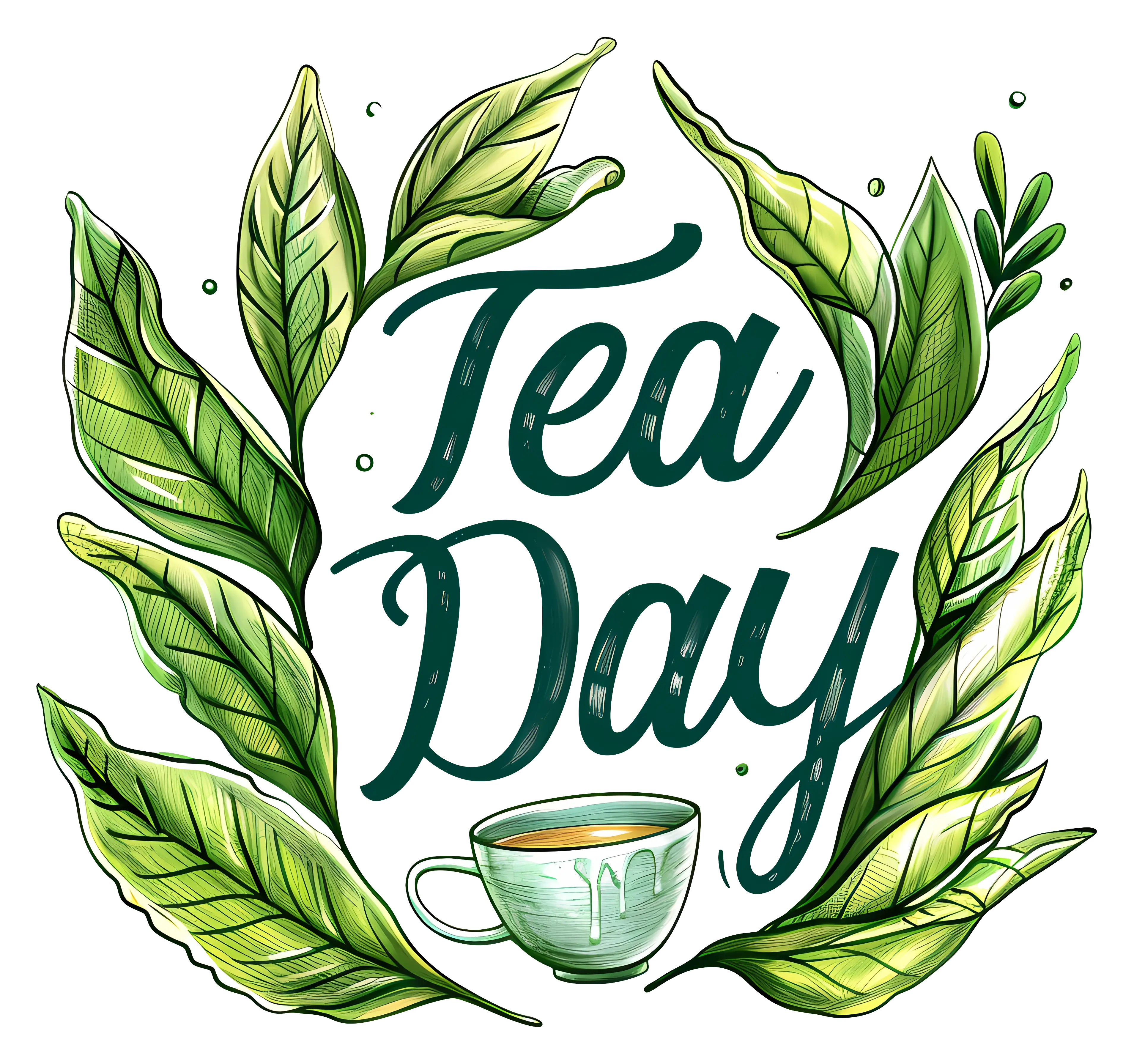 Tea Day Illustration with Leaves and Cup
