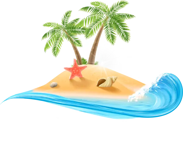 Tropical Island with Palm Trees and Ocean Waves