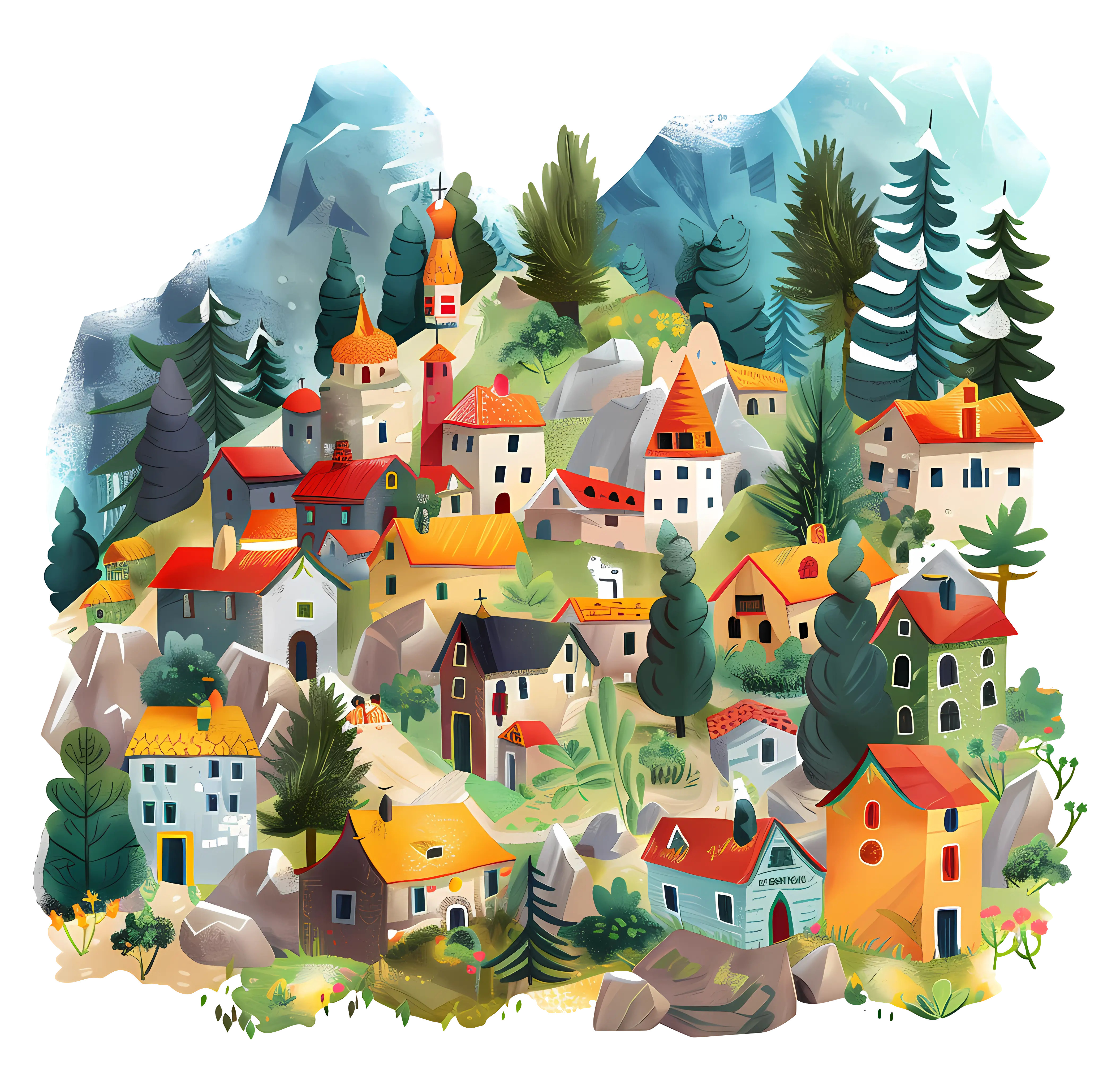 Colorful Cartoon Village Scene in Mountains