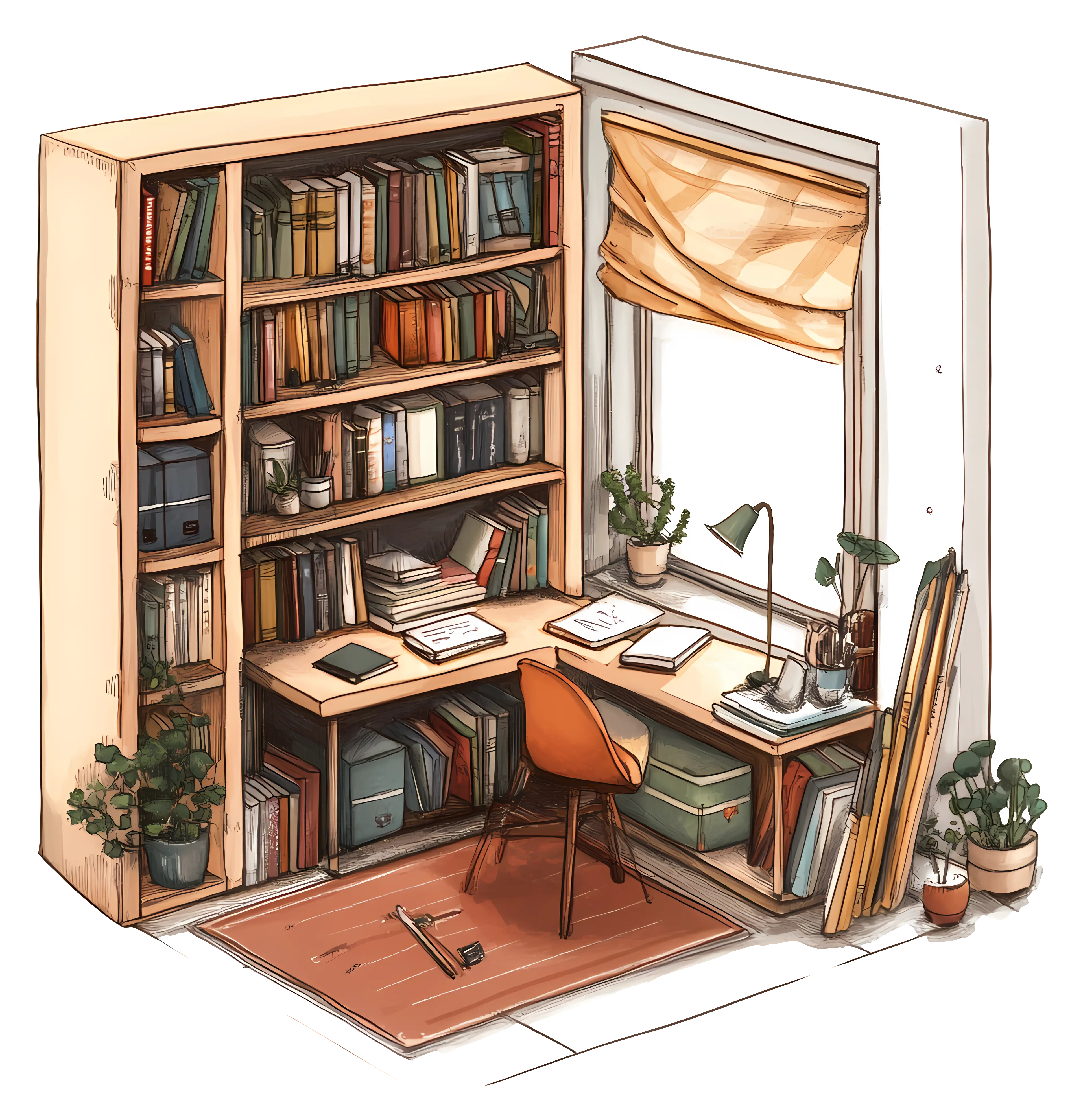 Cozy Study Corner with Bookshelf and Desk