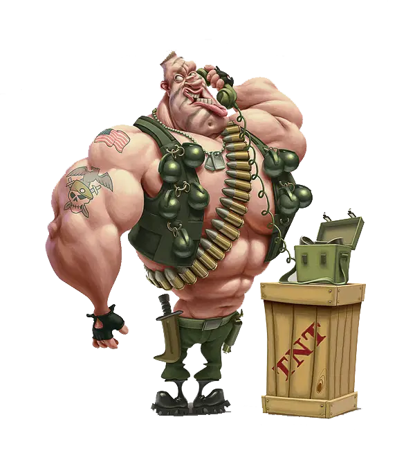Muscular Cartoon Soldier with TNT