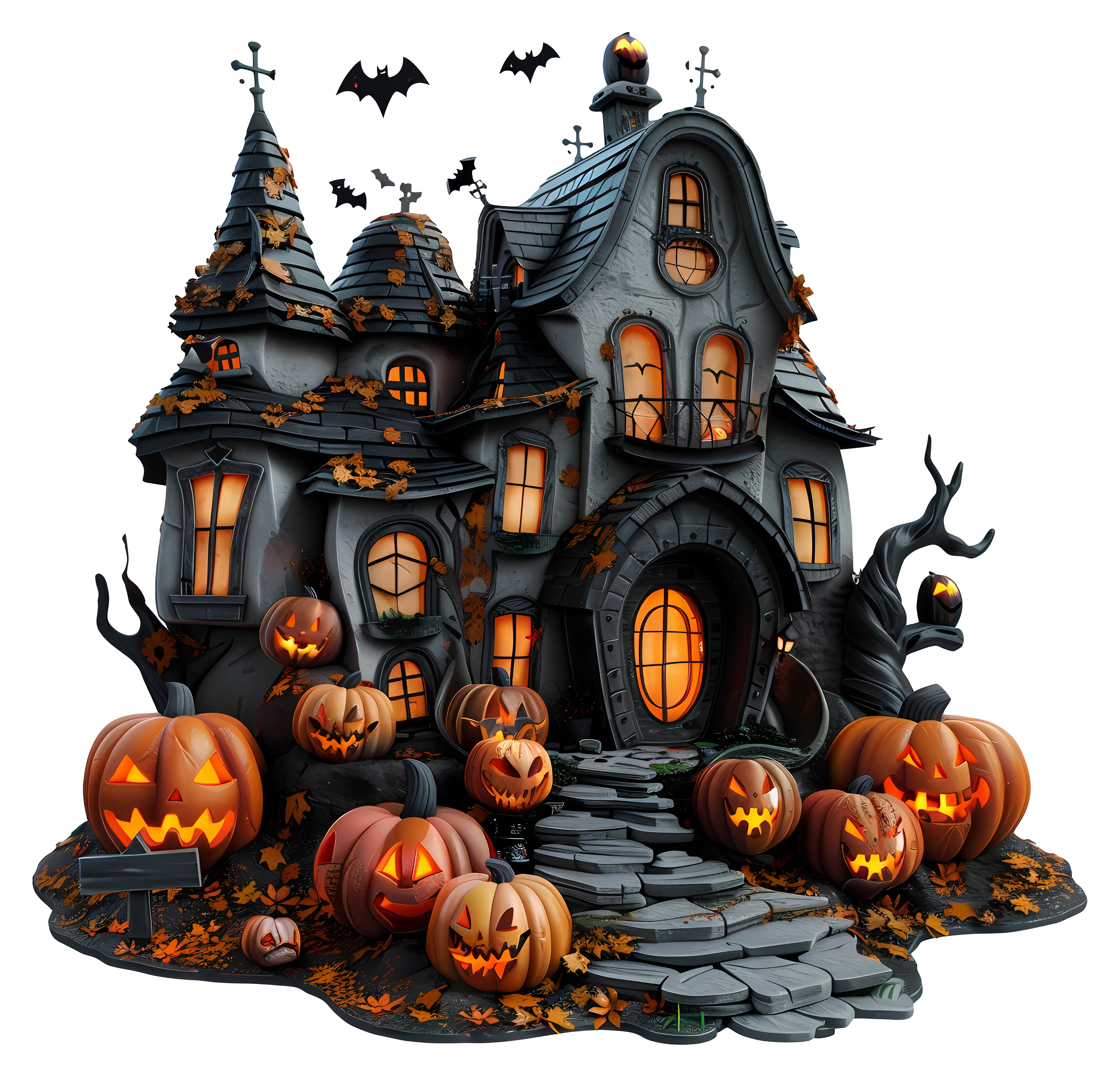 Spooky Haunted House with Pumpkins for Halloween