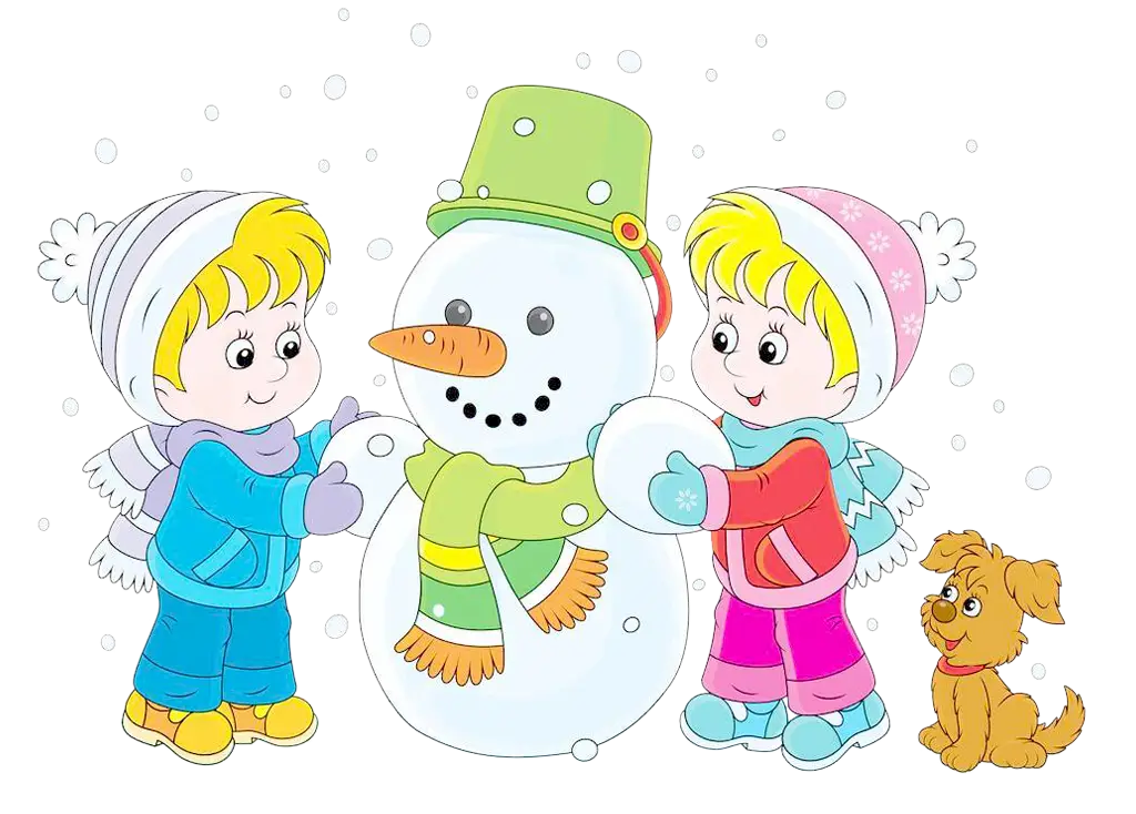 Snowman with Happy Children in a Winter Scene