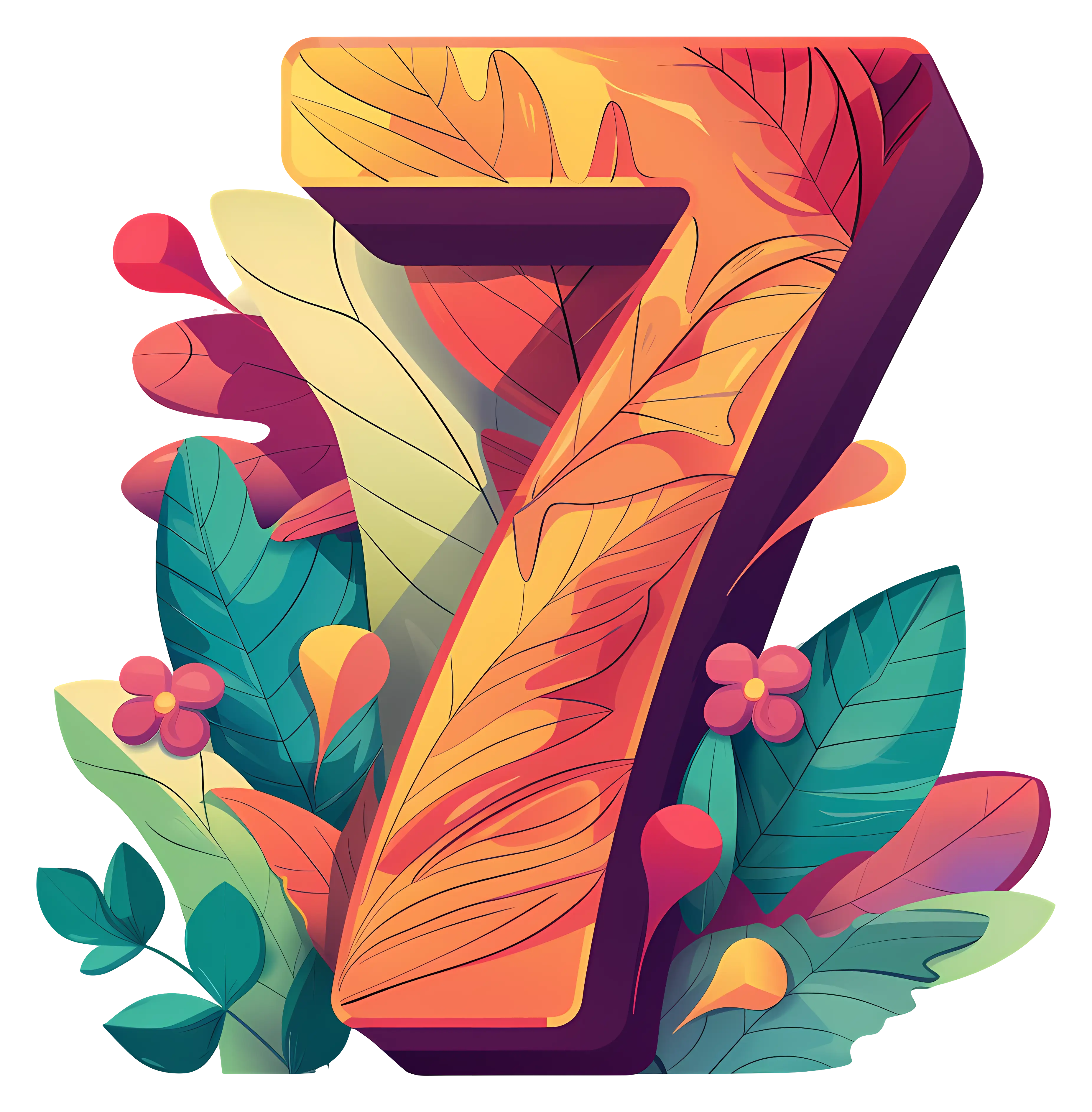 Decorative Number 7 with Leaves and Flowers
