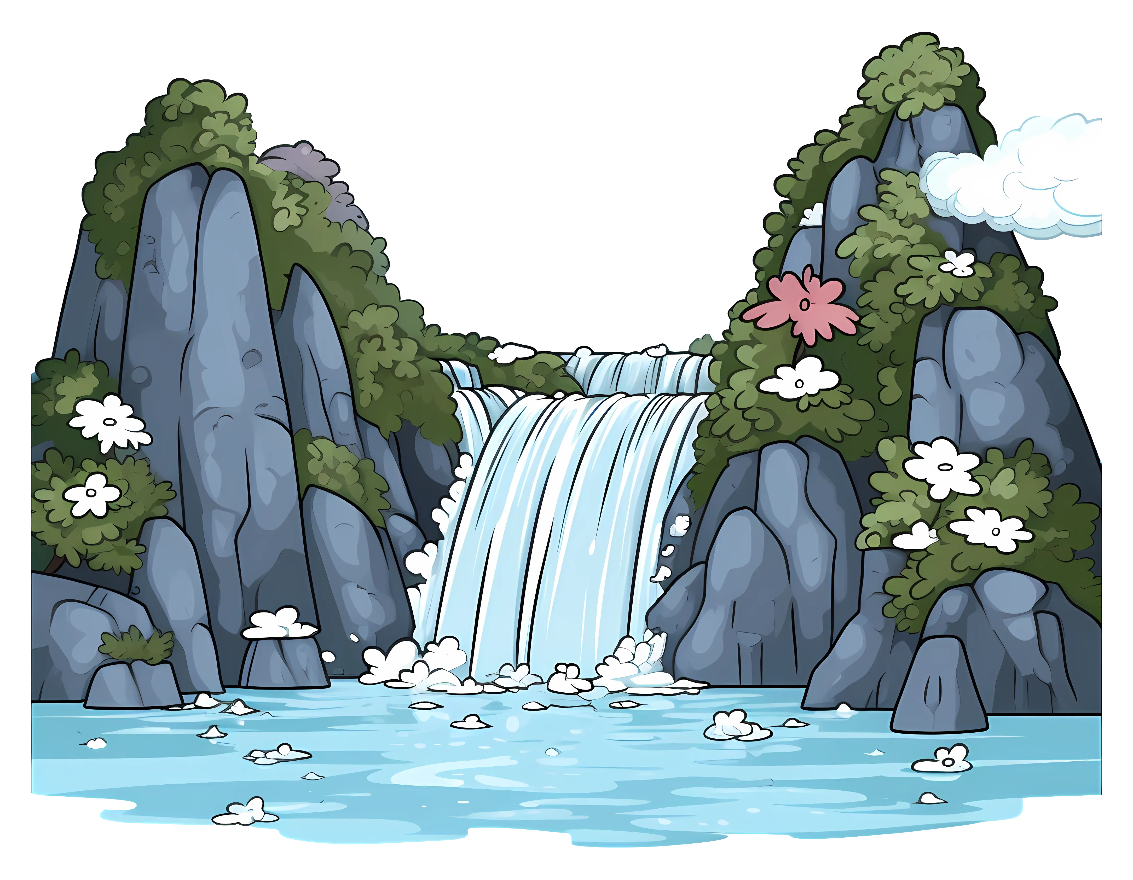Cartoon Waterfall and Rocks with Greenery