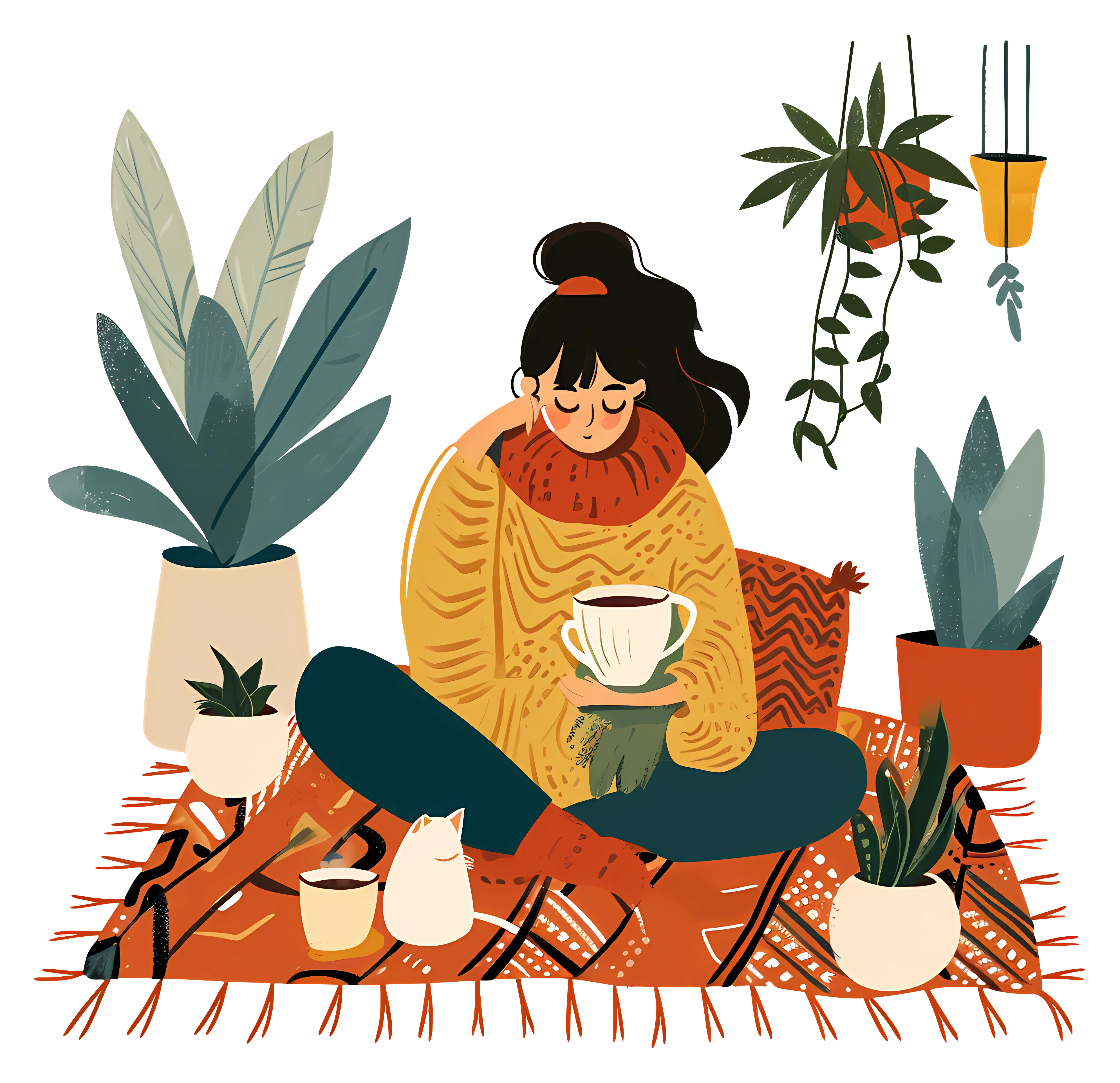 Cozy Woman with Tea and Indoor Plants