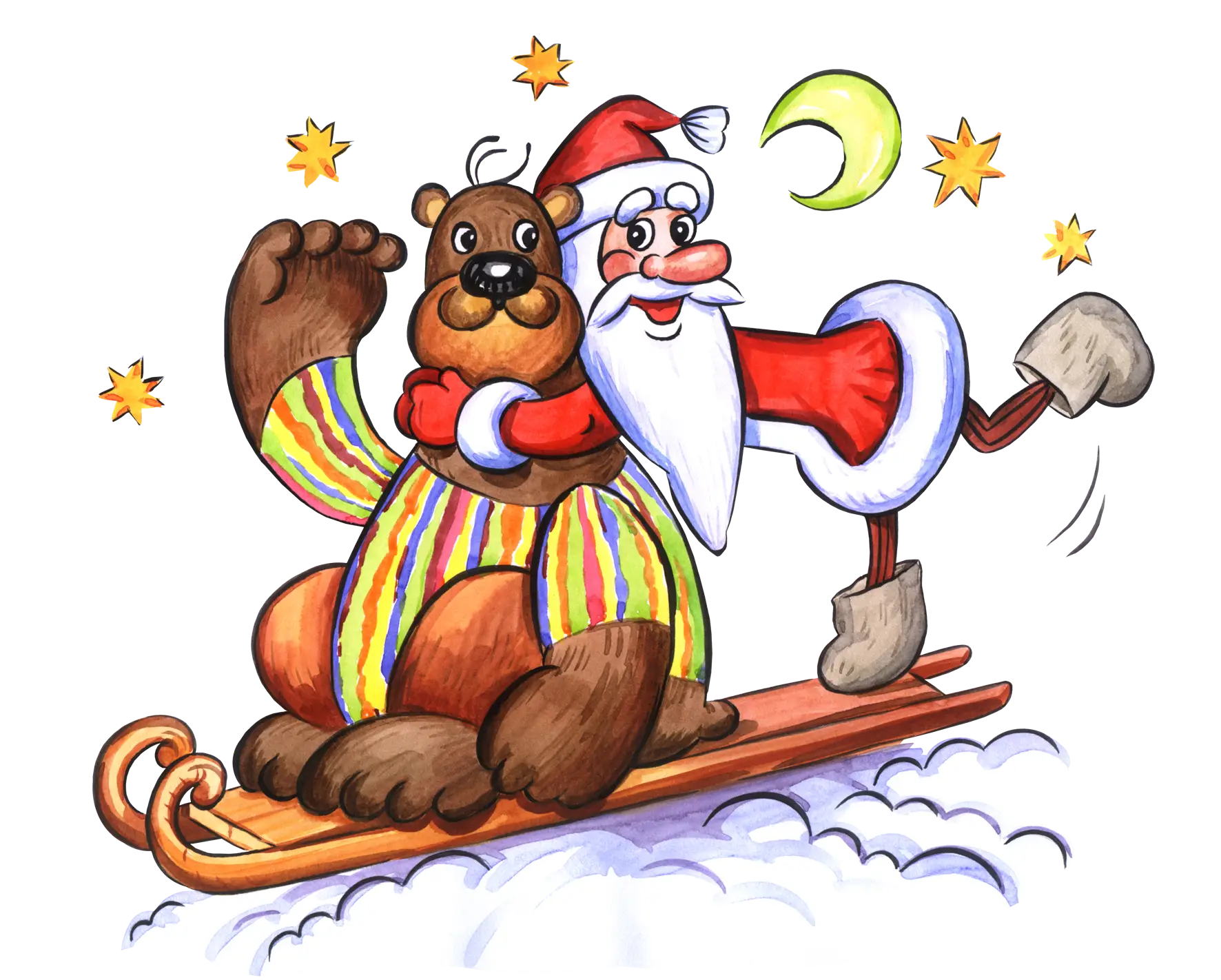 Santa Claus Riding a Sled with a Bear in Festive Illustration
