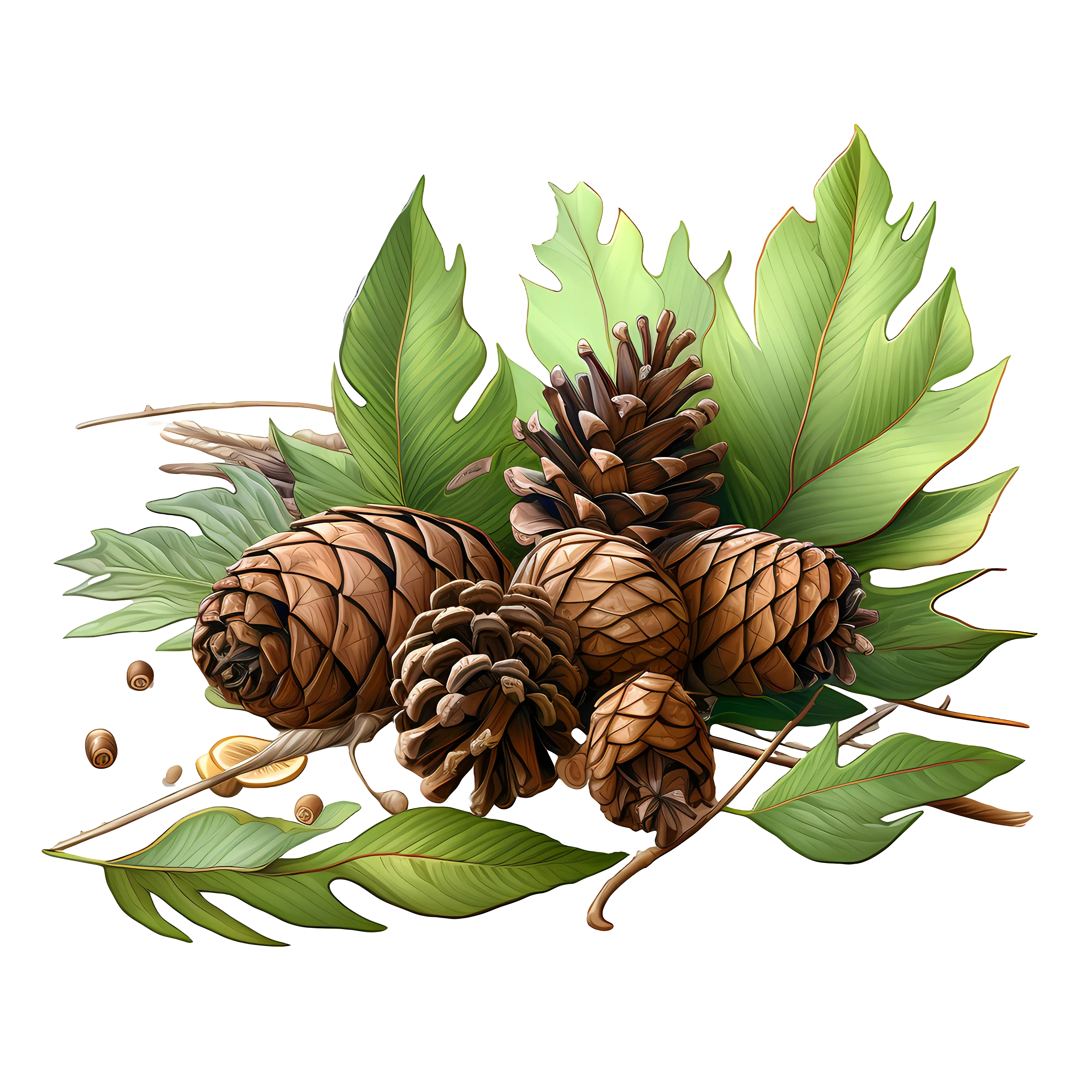 Botanical Illustration of Pine Cones and Green Leaves
