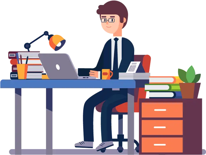 Office Worker Using Laptop at a Well-Organized Desk