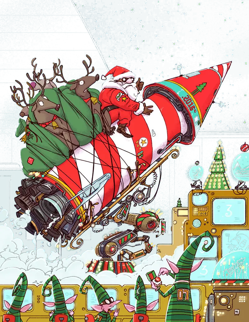 Santa on Rocket with Reindeer for Christmas