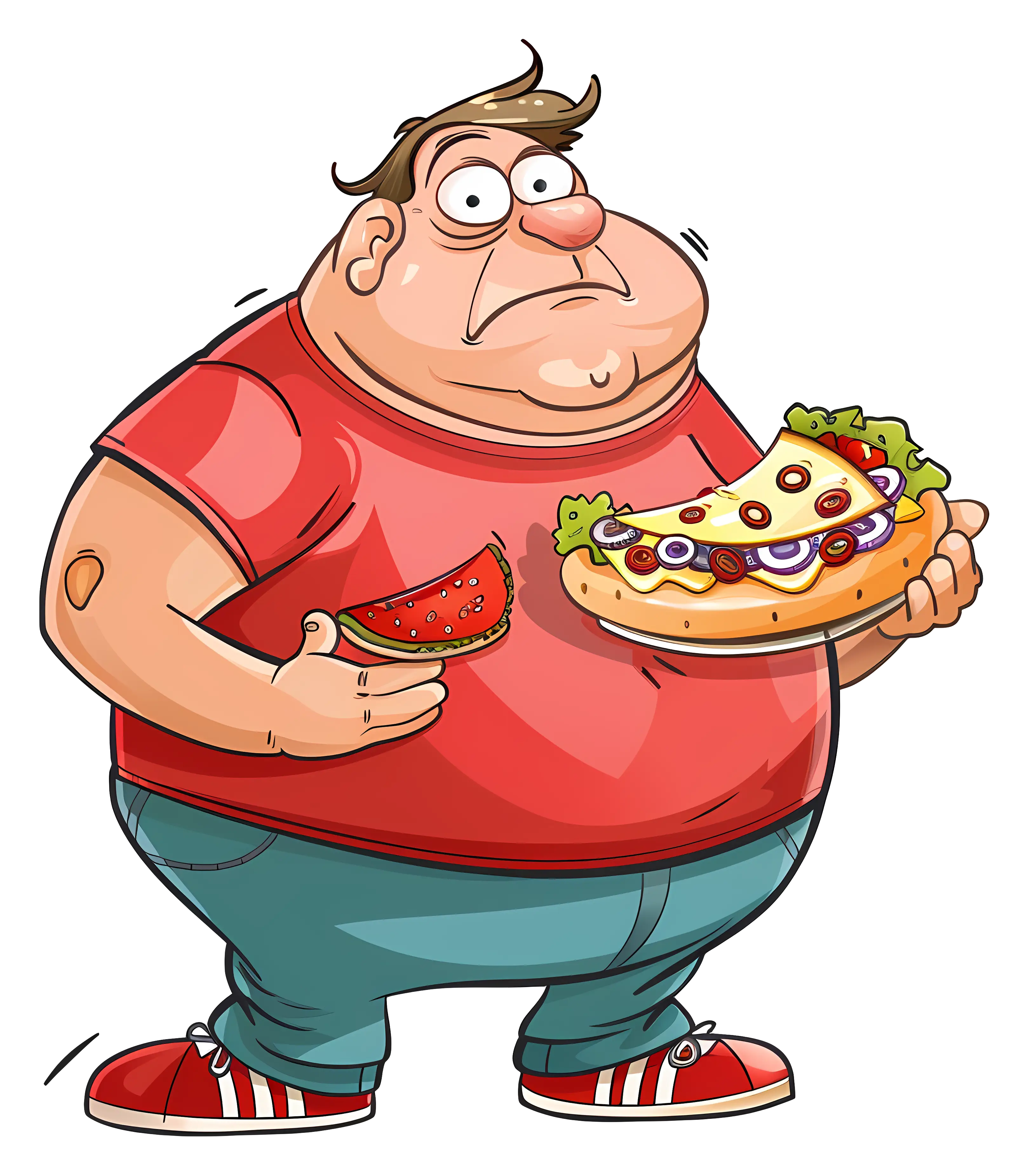 Overweight Man Eating Pizza and Watermelon