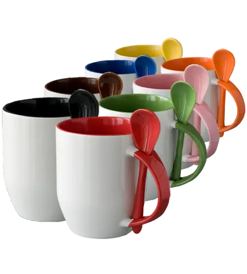 Set of Colorful Ceramic Cups with Matching Spoons