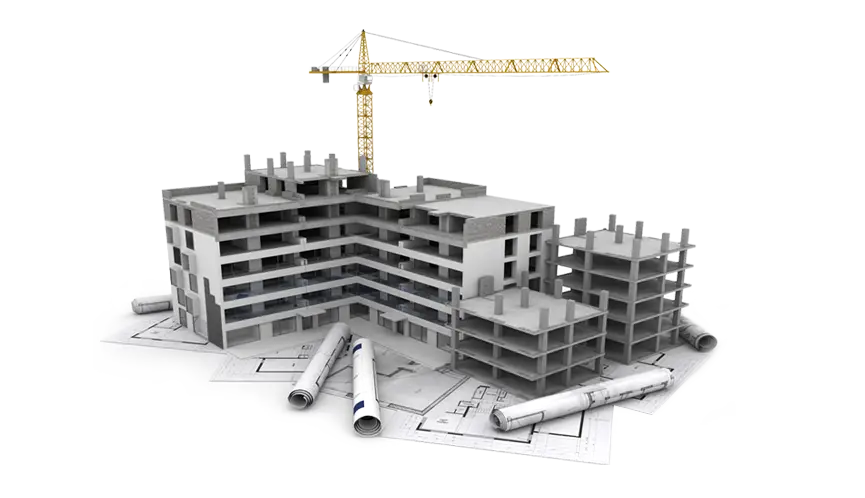 Building Construction with Crane and Blueprints