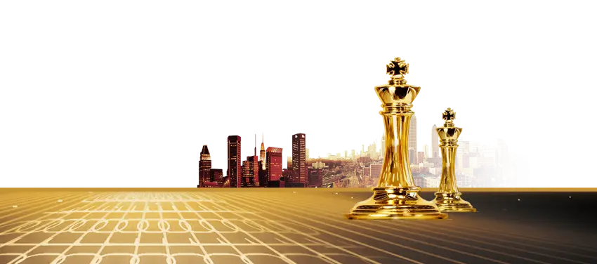 Golden Chess Pieces with City Background