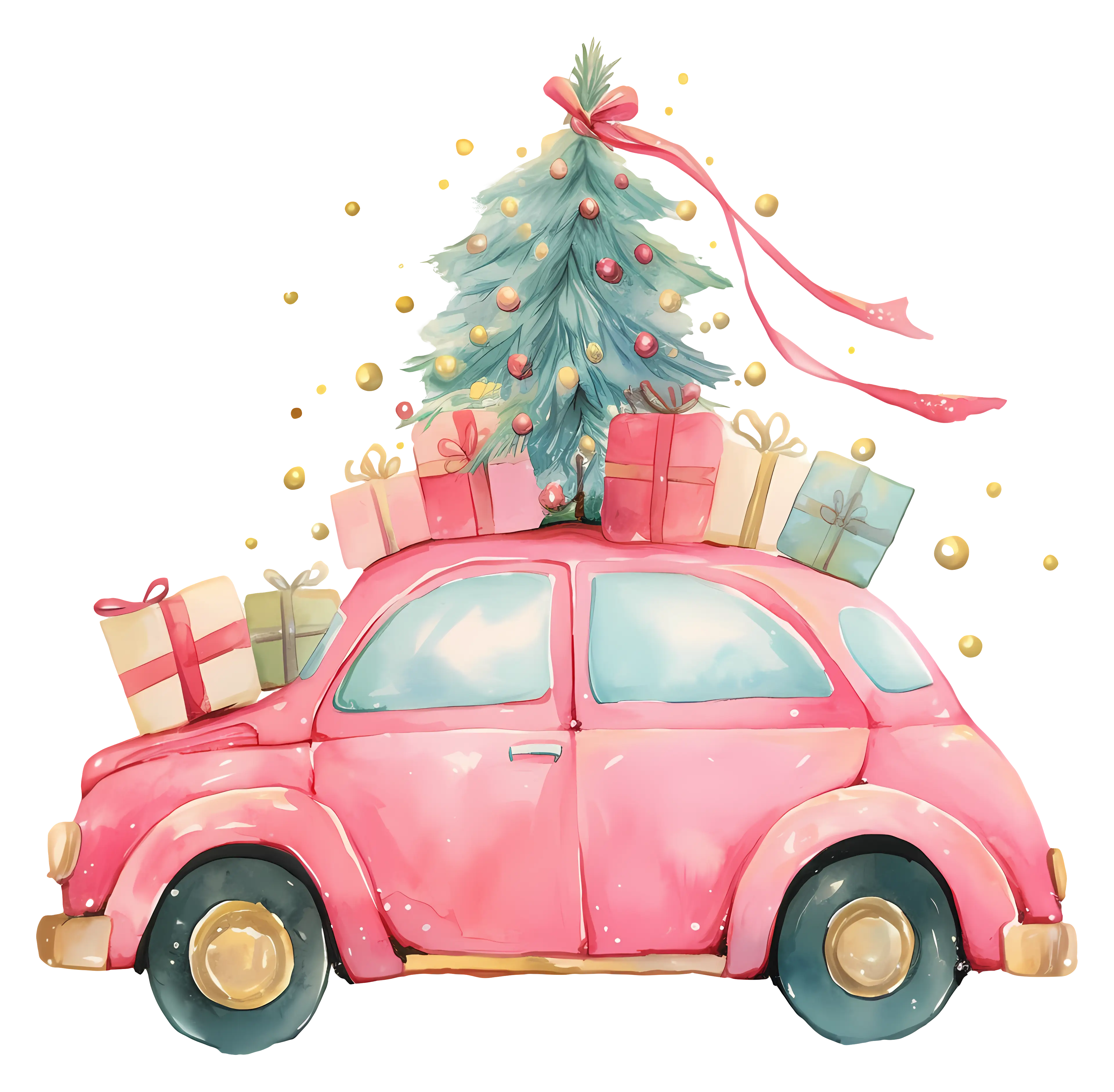 Red Car Decorated with Gifts and Christmas Tree