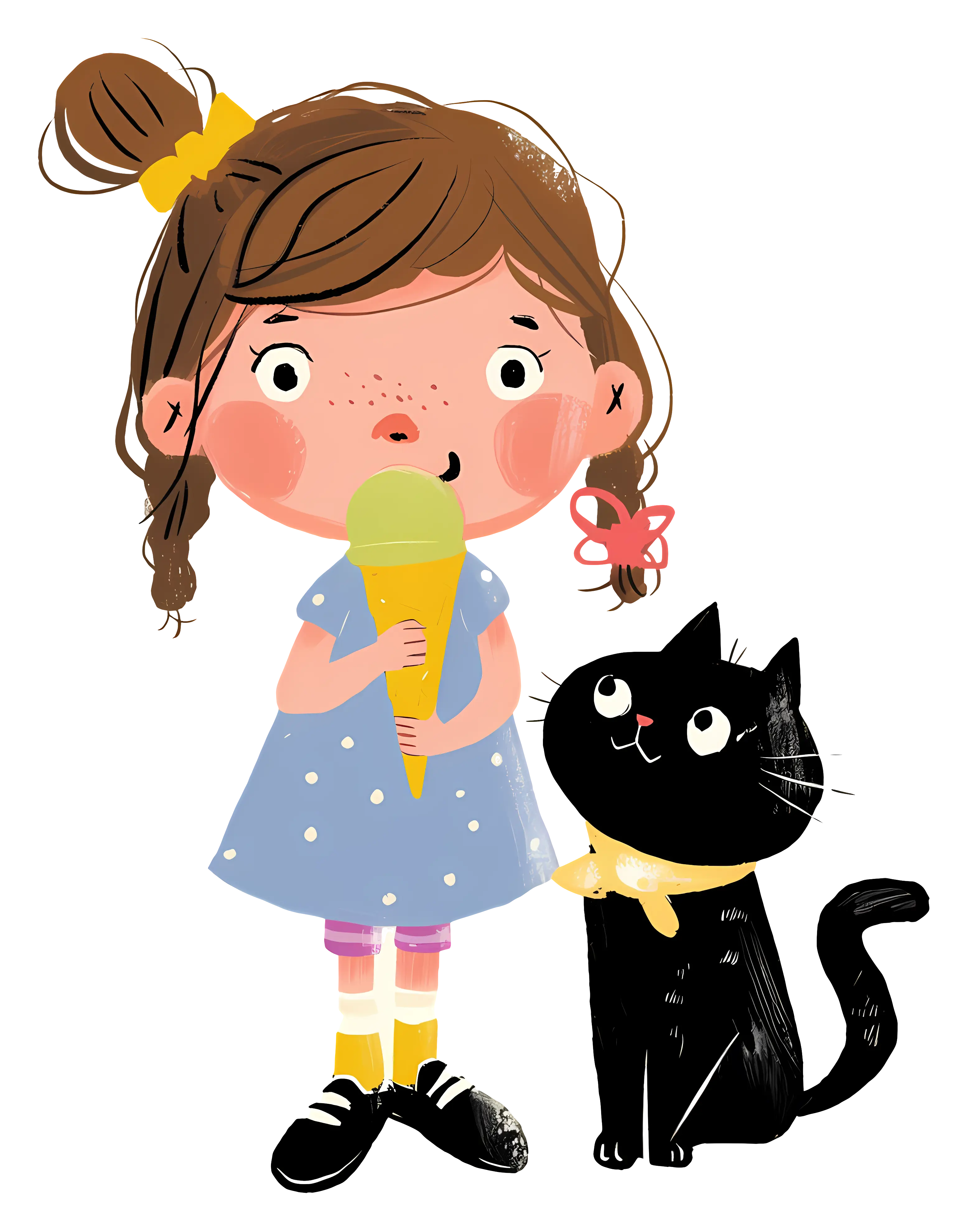 Girl with Ice Cream and Black Cat