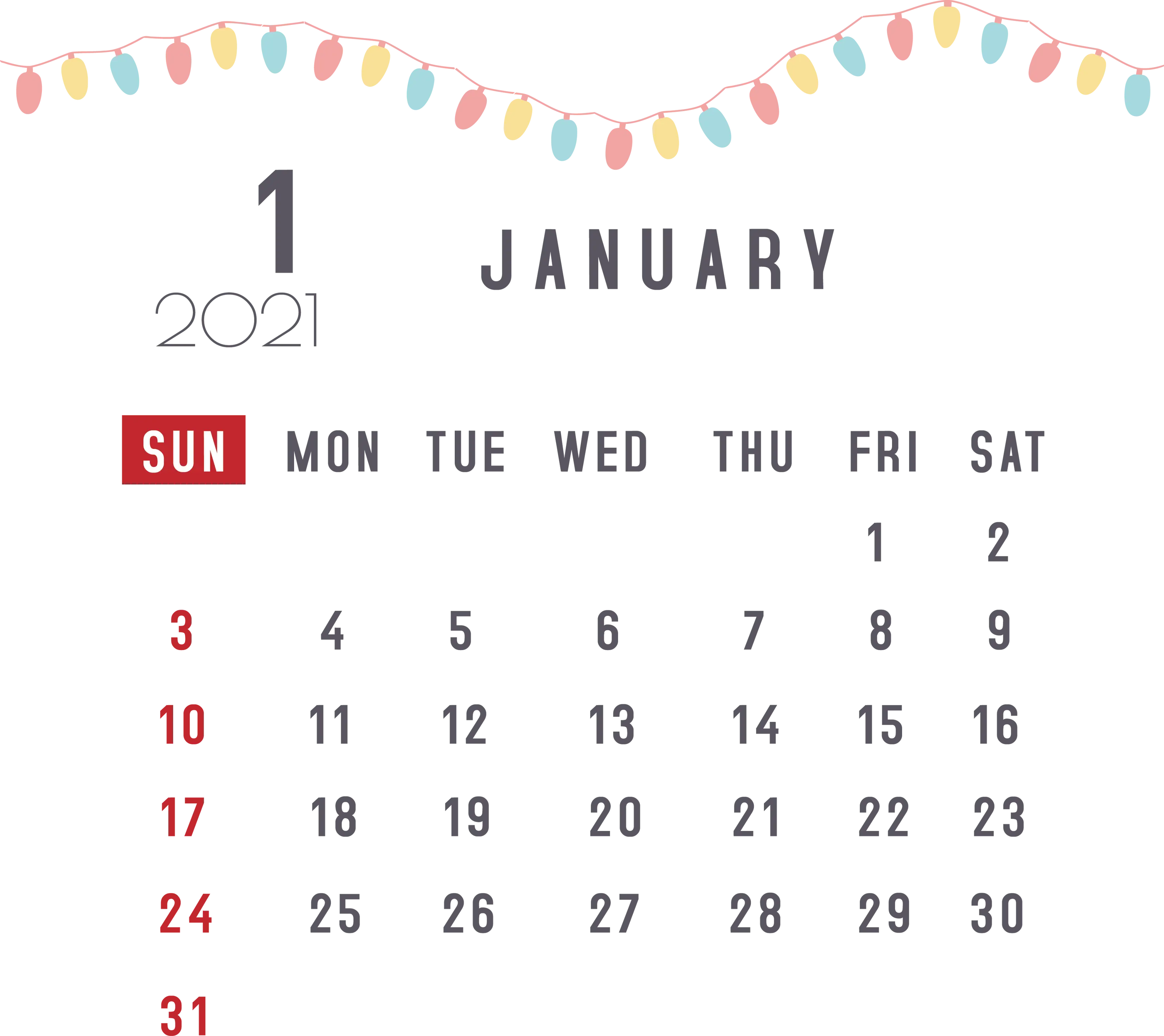 January 2021 Calendar with Decorative Lights