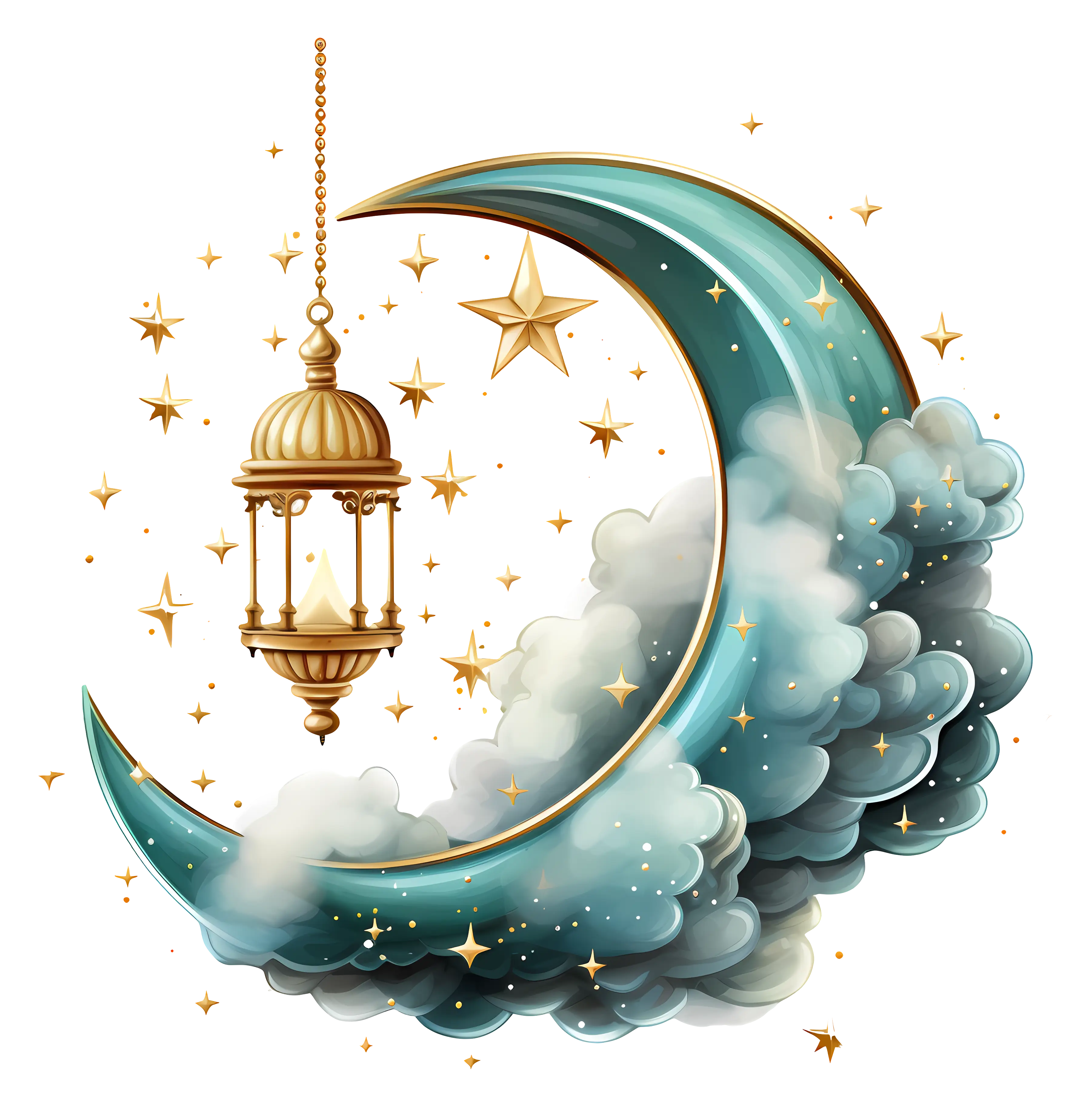 Golden Lantern Hanging on Crescent Moon