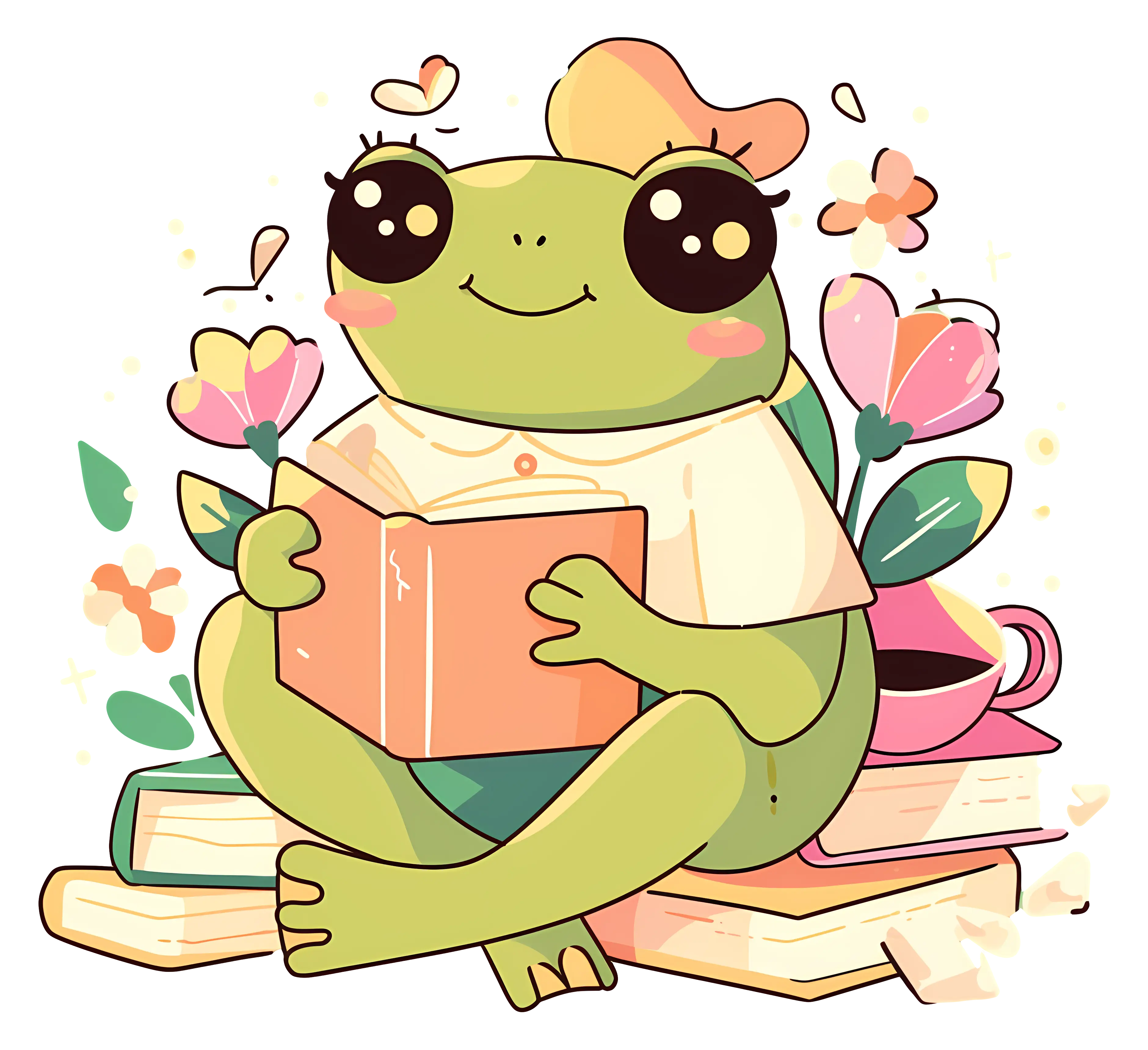 Adorable Frog Reading a Book Among Flowers