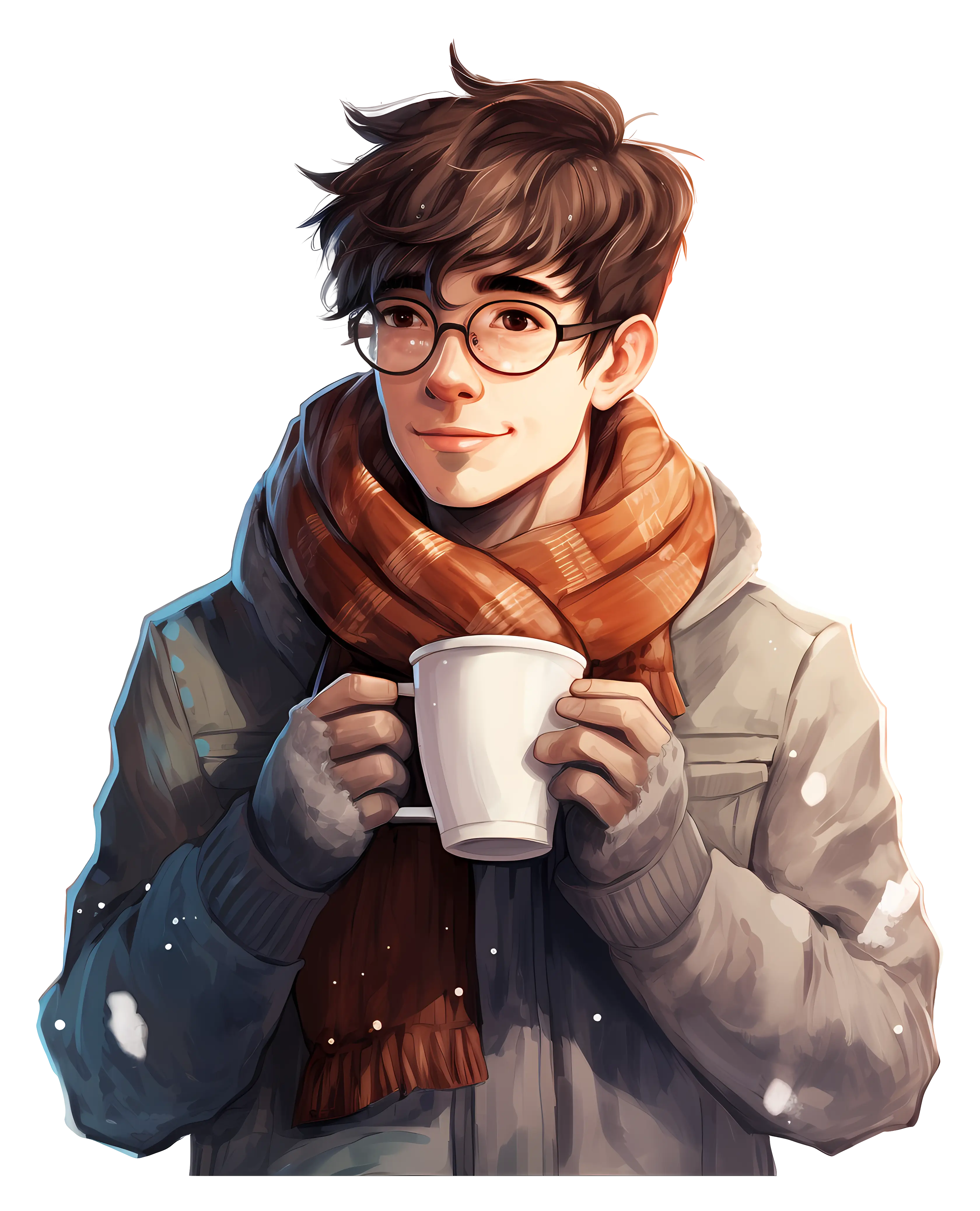 Man in Winter Scarf Holding Mug Illustration