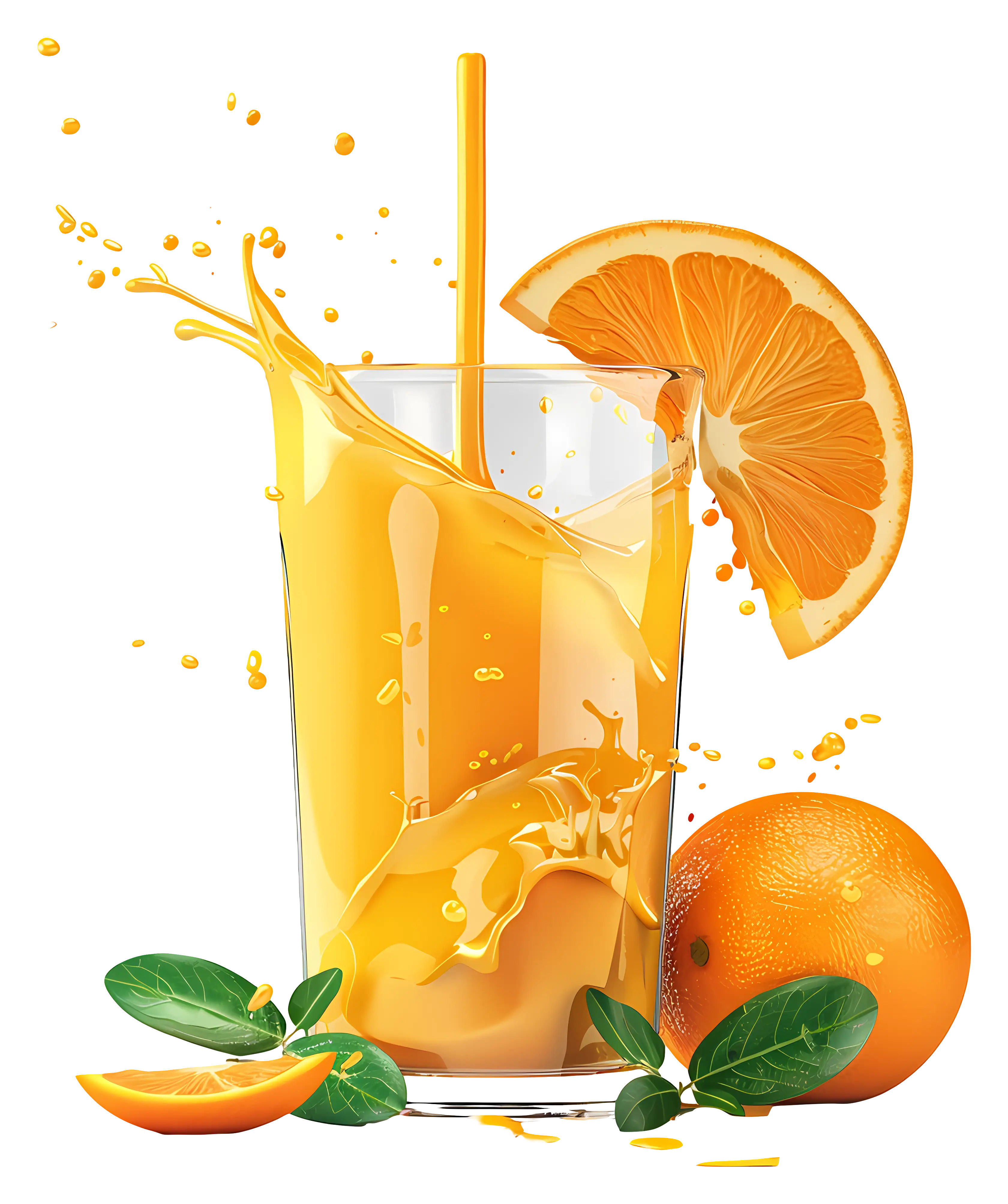 Splashing Orange Juice in Glass with Fresh Orange