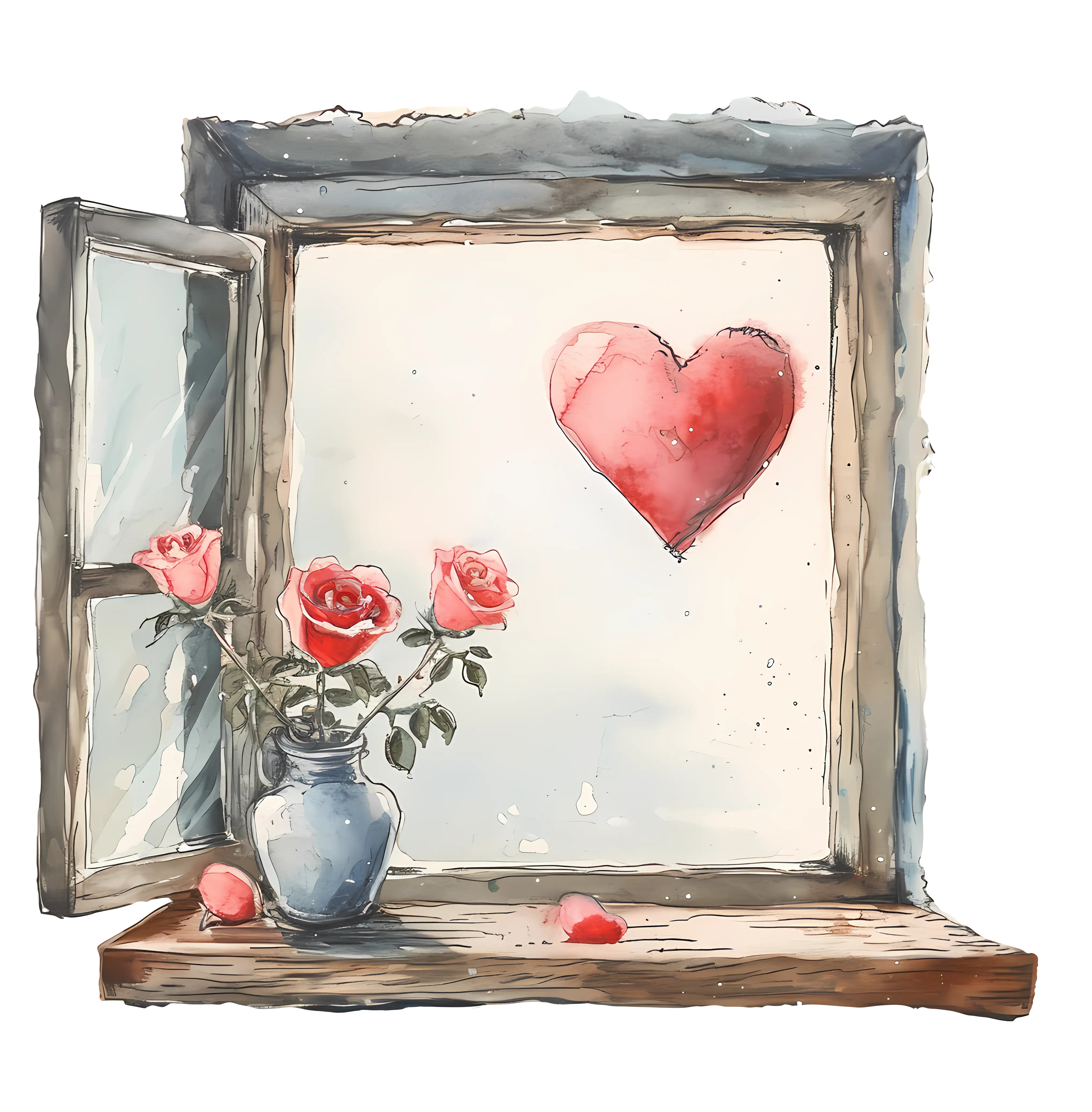 Romantic Window with Roses and a Heart Painting