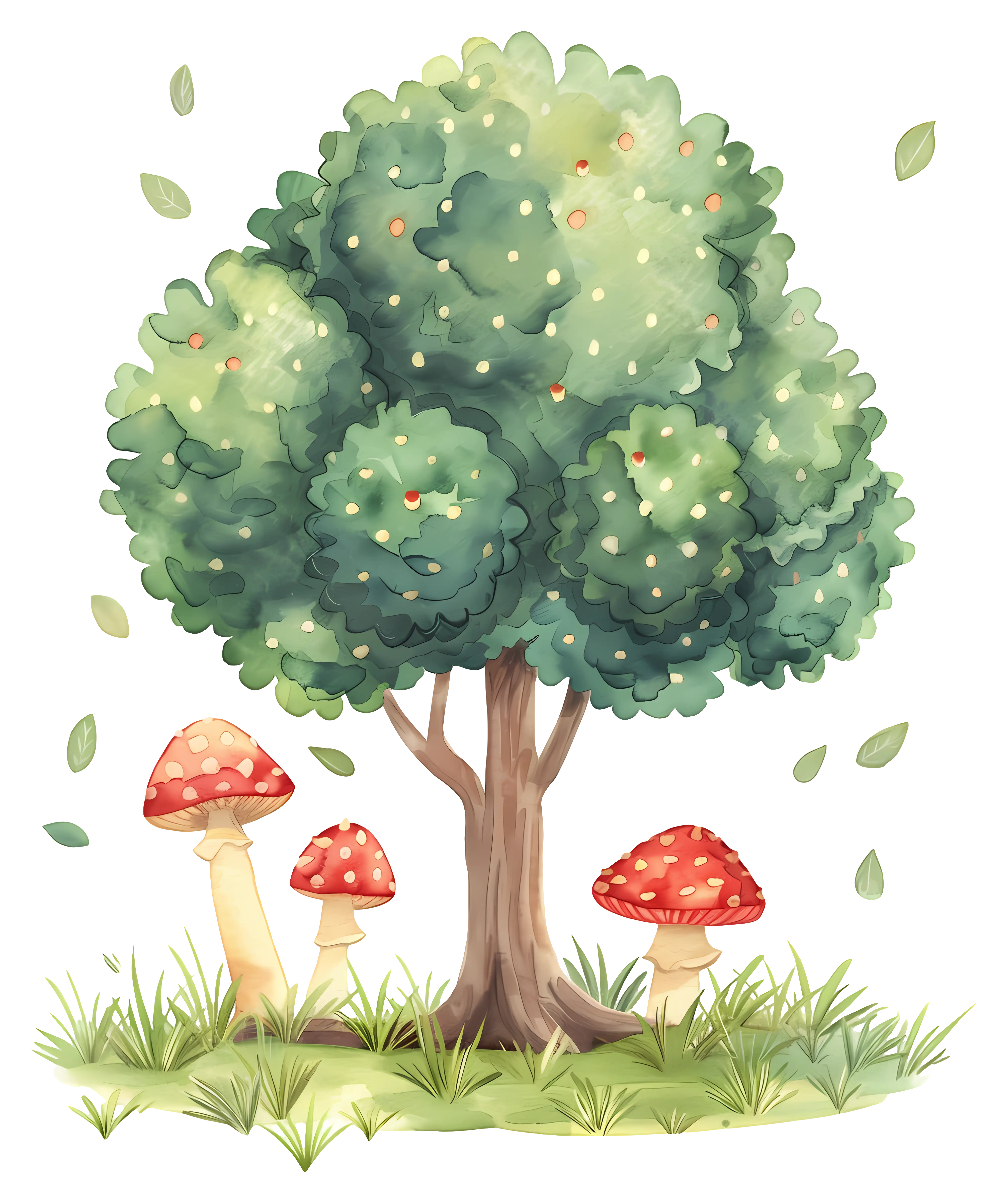Tree with Mushrooms in a Forest Illustration