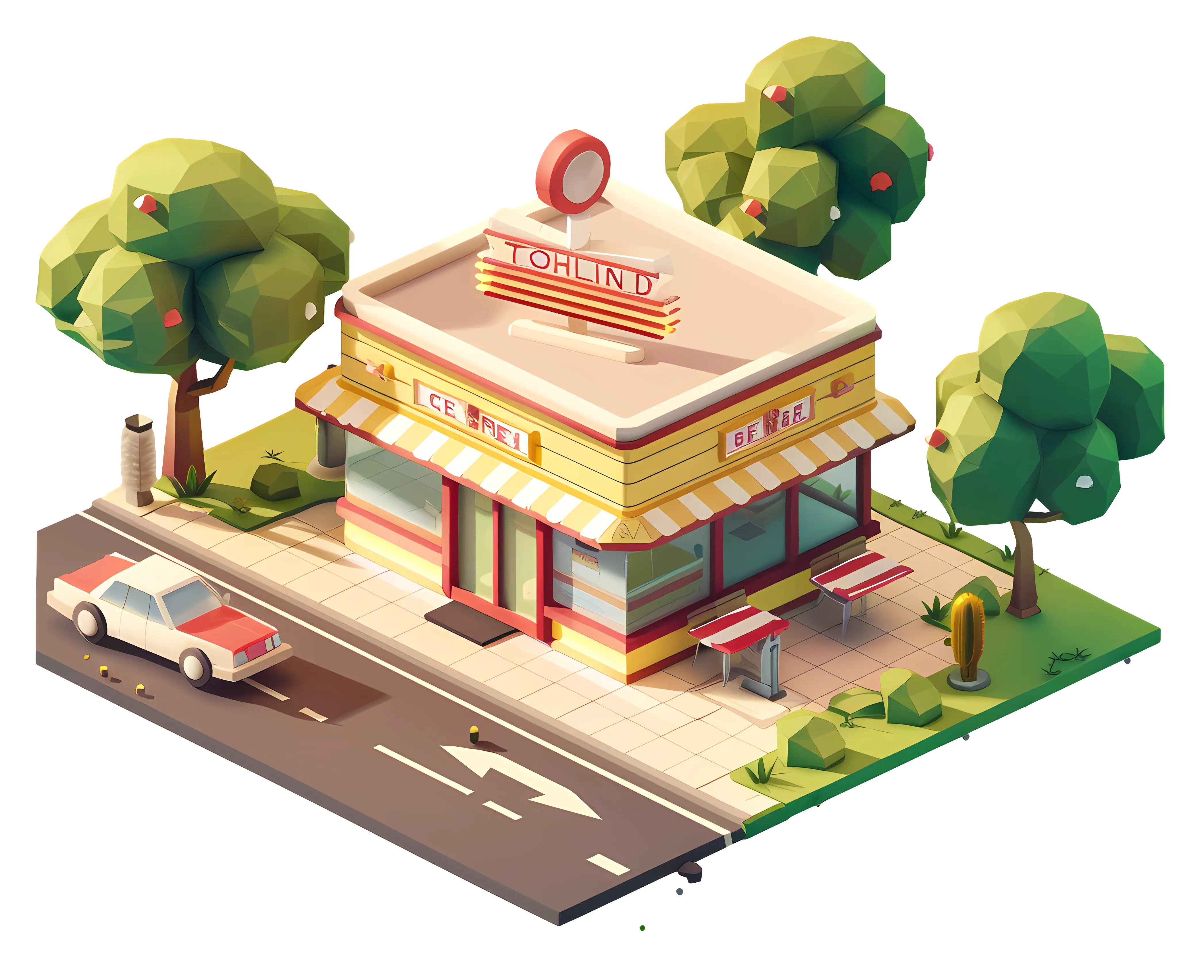 Isometric Retro Diner Scene with Cars