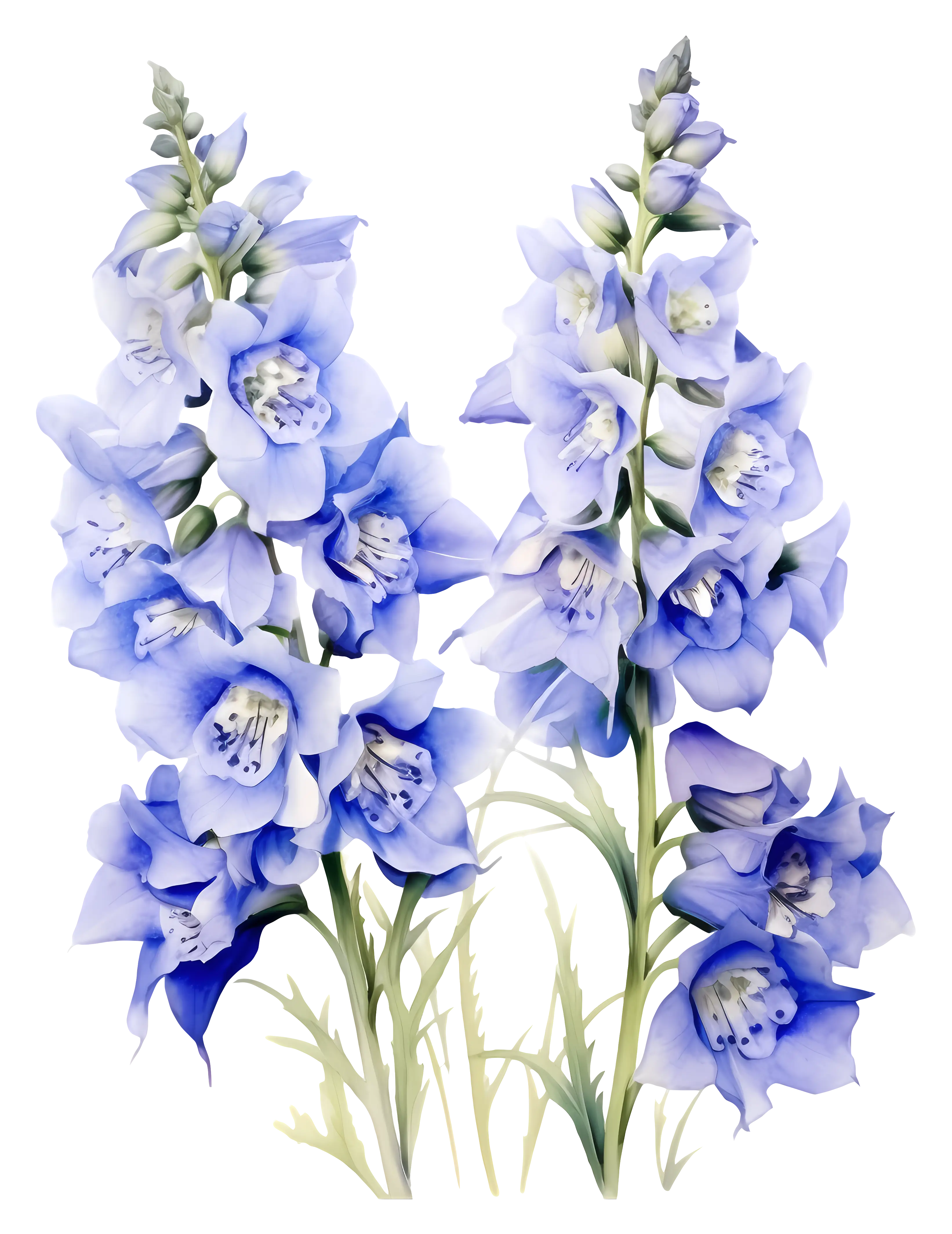 Watercolor Painting of Blue Delphinium Flower Spike