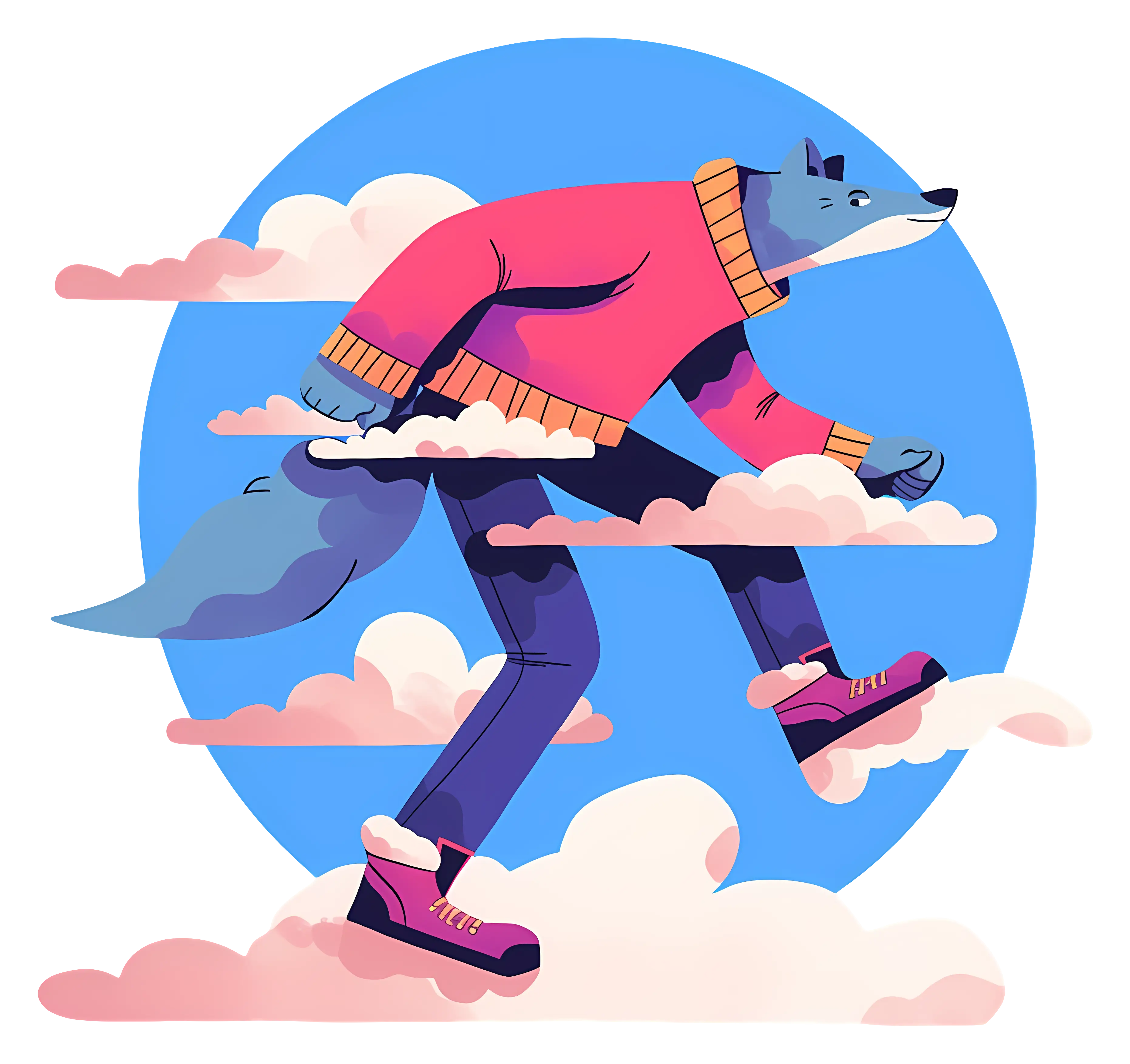 Cartoon Wolf Walking on Clouds in Sweater