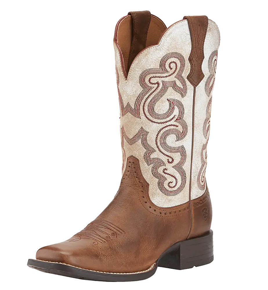 Brown and White Cowboy Boot with Decorative Stitching