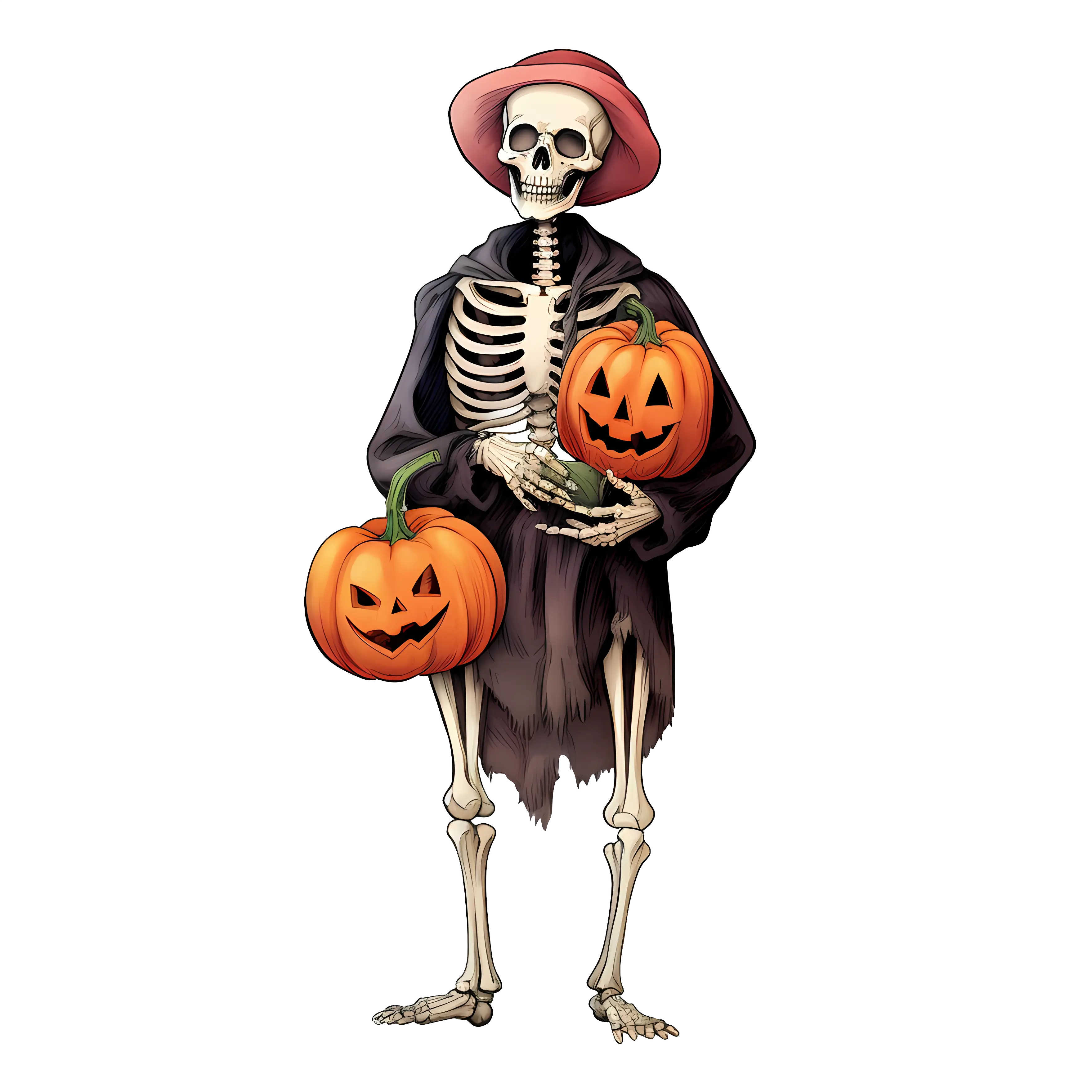 Skeleton Holding Jack-o&#039;-Lanterns for Halloween