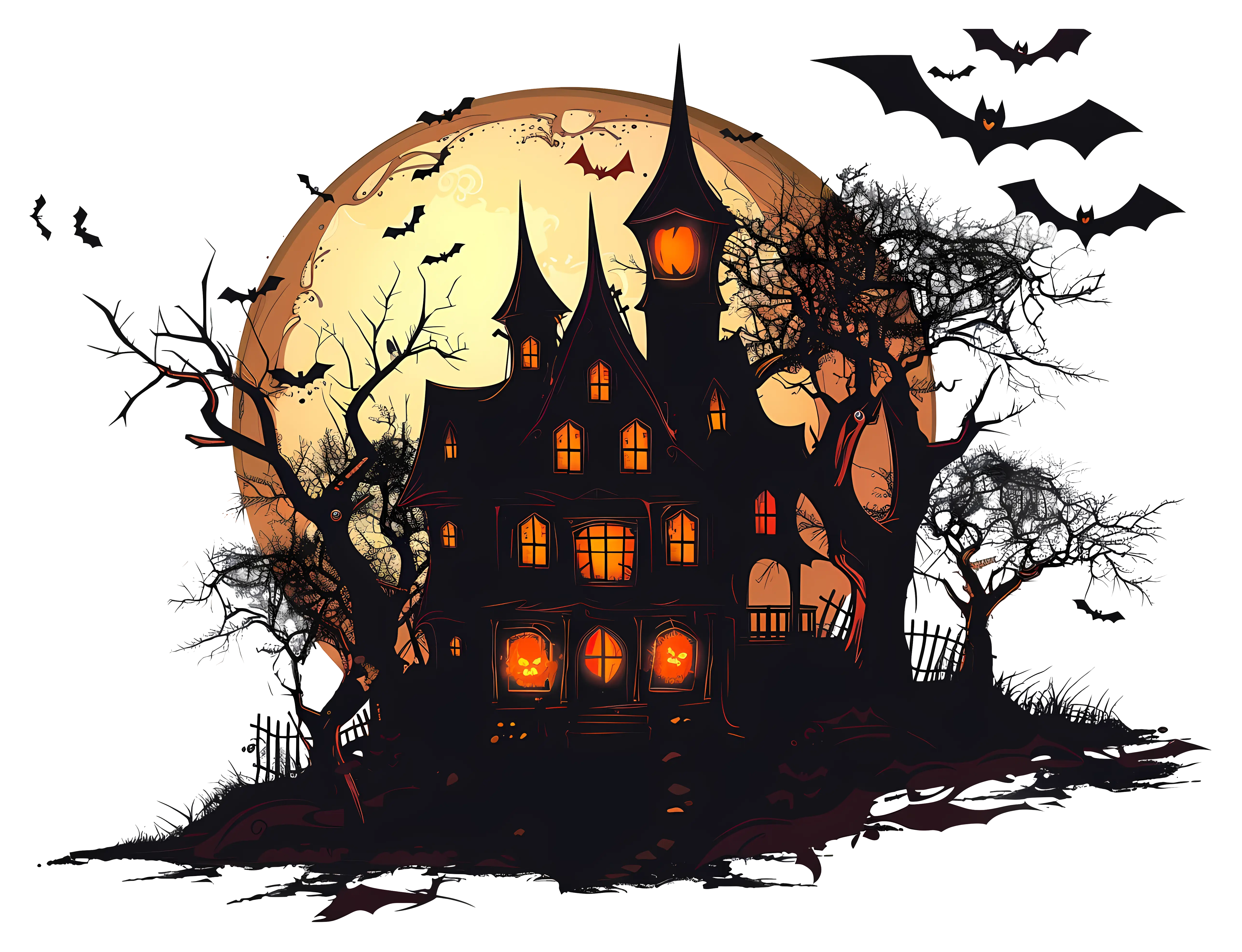 Spooky Haunted House and Bats Illustration