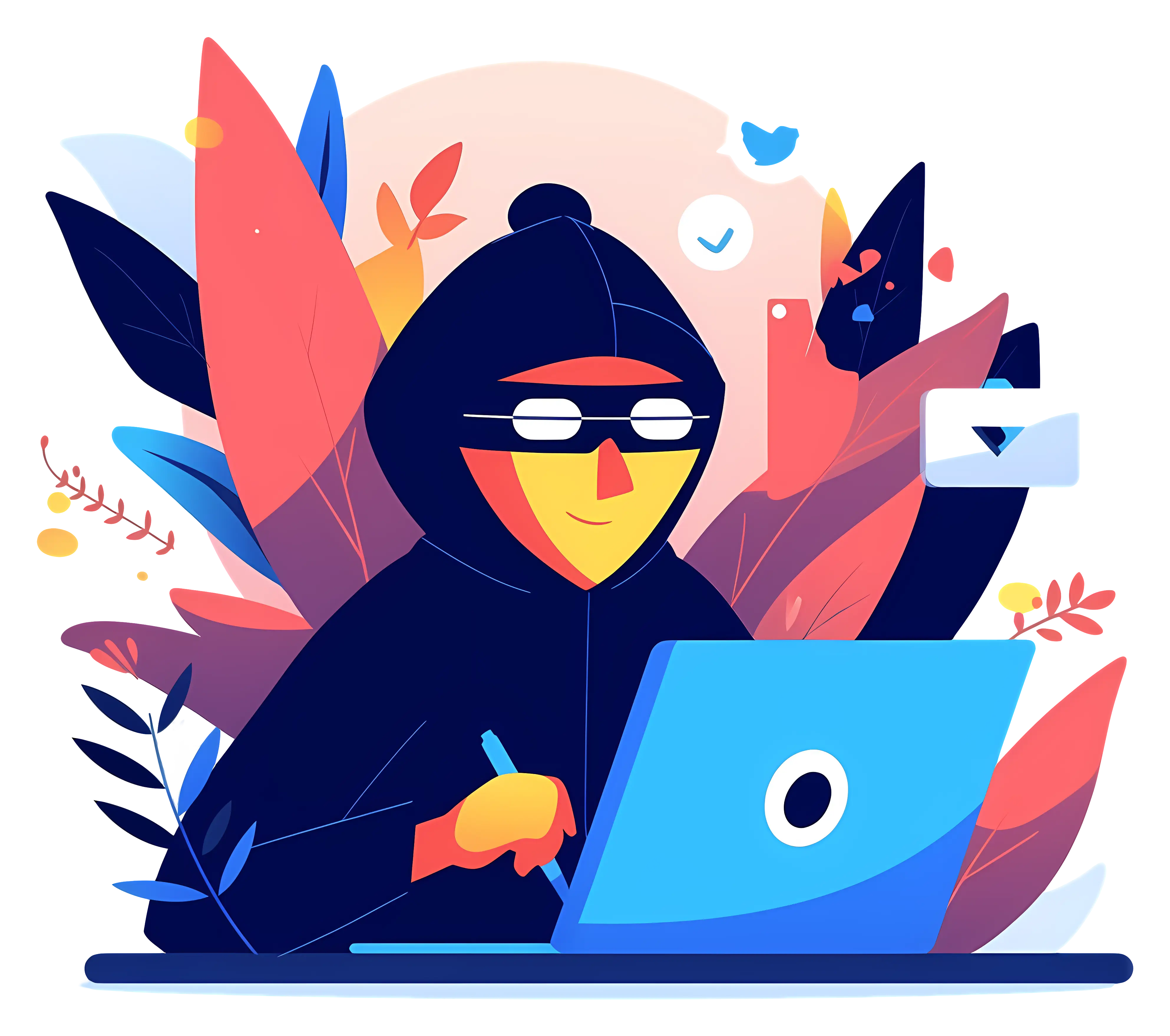 Cartoon Hacker at Work on Laptop