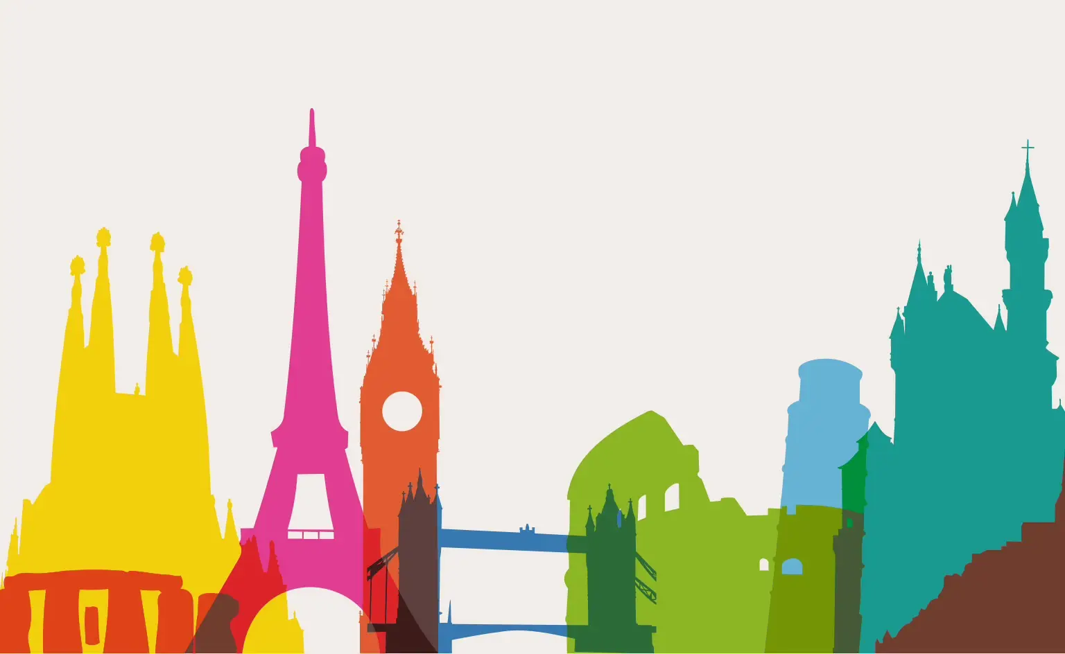 Colorful European Landmarks Silhouette