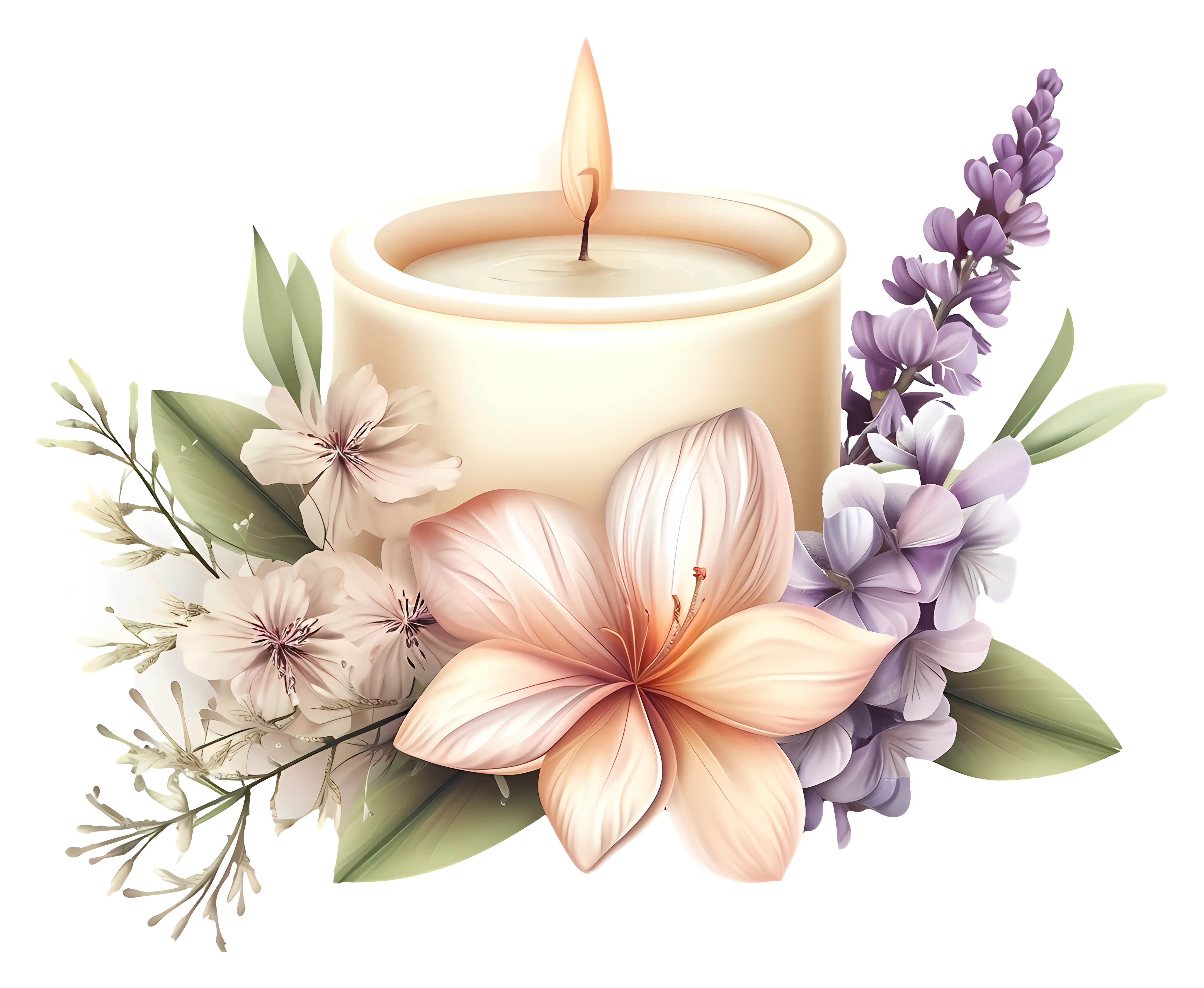 Lit Candle Surrounded by Beautiful Flowers