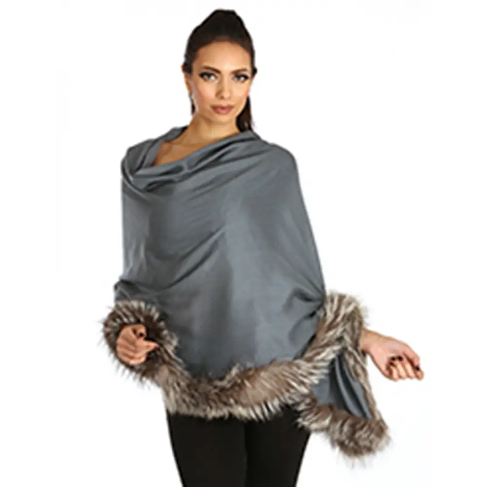 Elegant Woman in Gray Shawl with Fur Trim