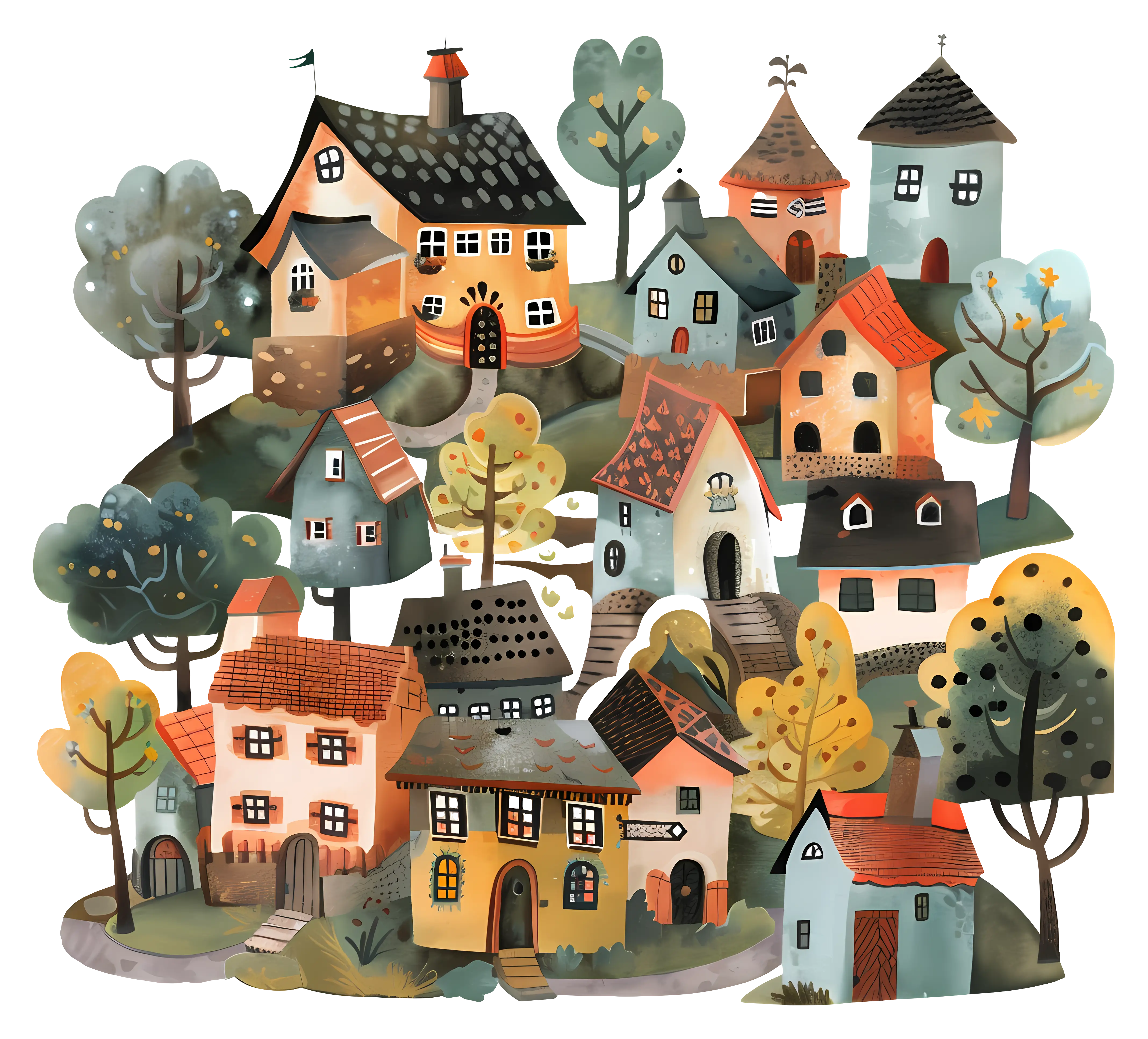 Whimsical Cartoon Village with Houses and Trees