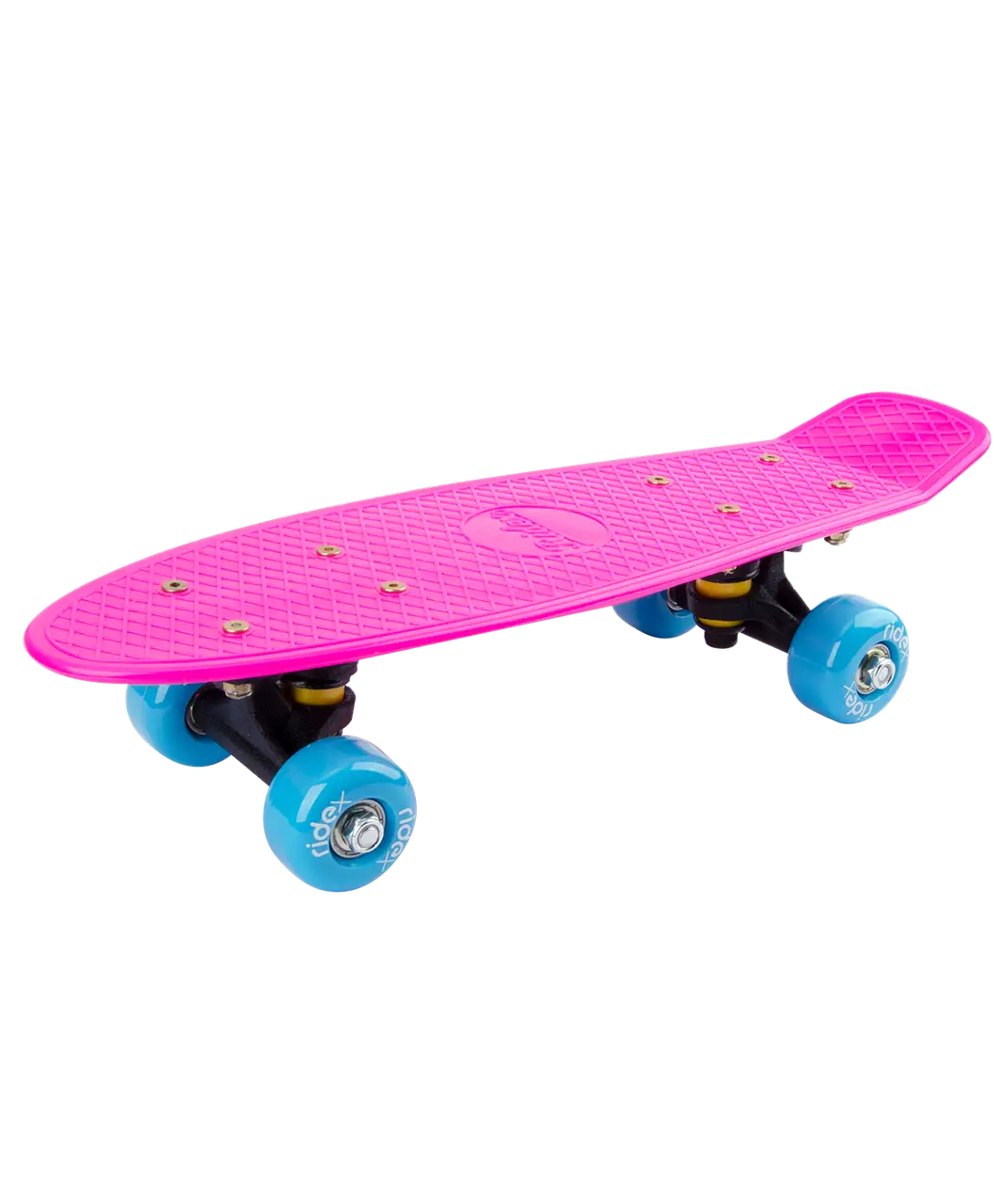 Bright Pink Skateboard with Blue Wheels