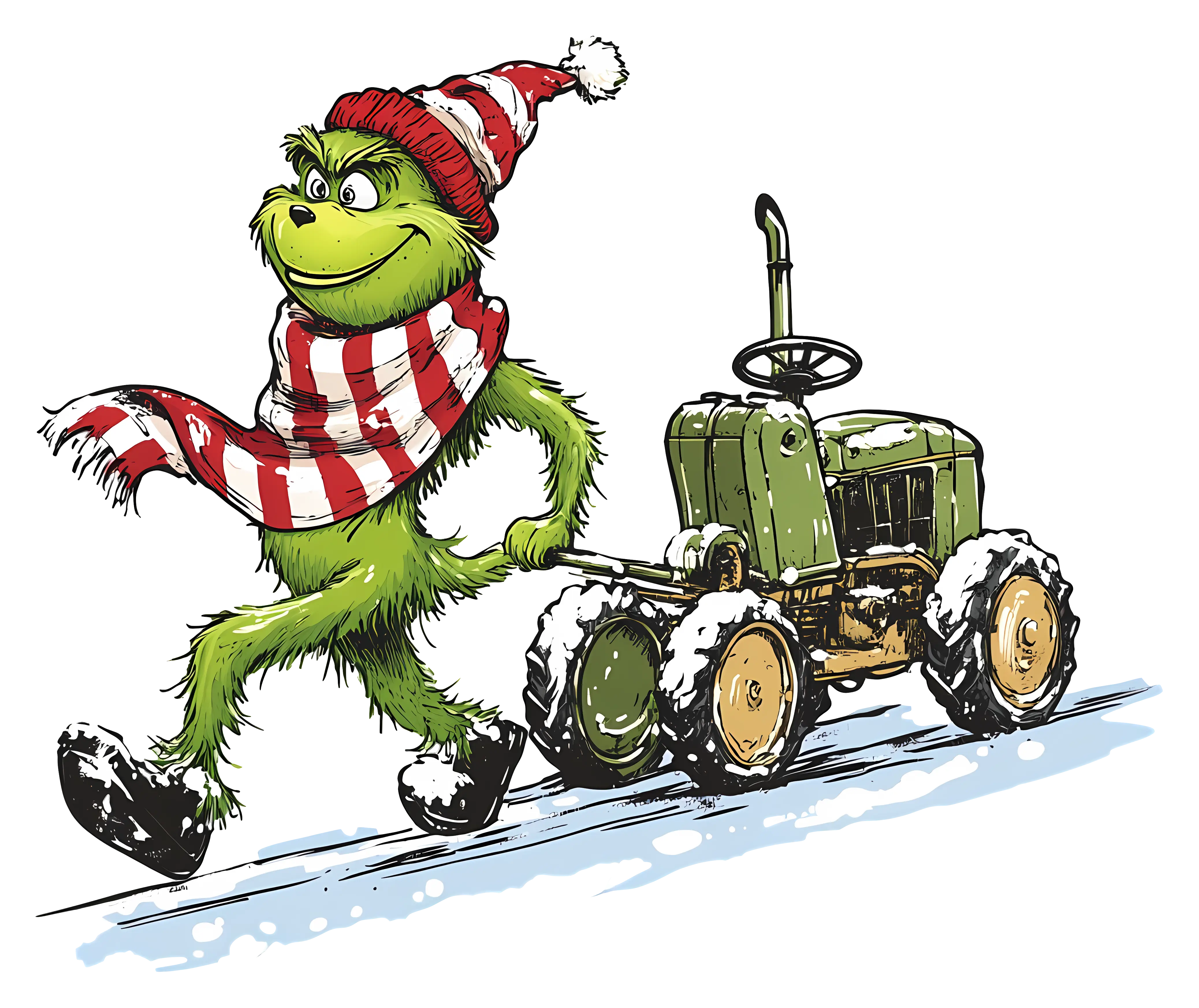 Green Character with Tractor in Winter Scenery