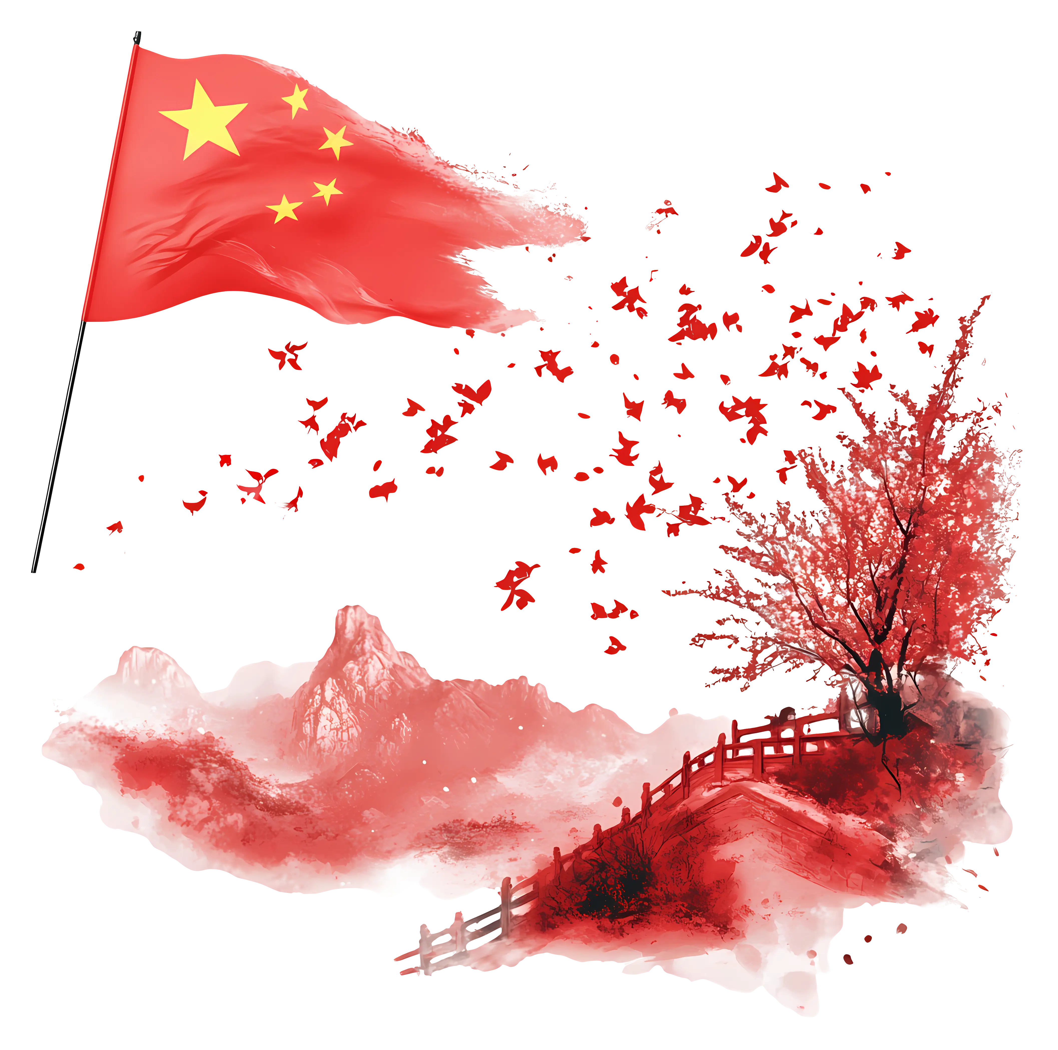 Chinese Landscape with Flag and Birds