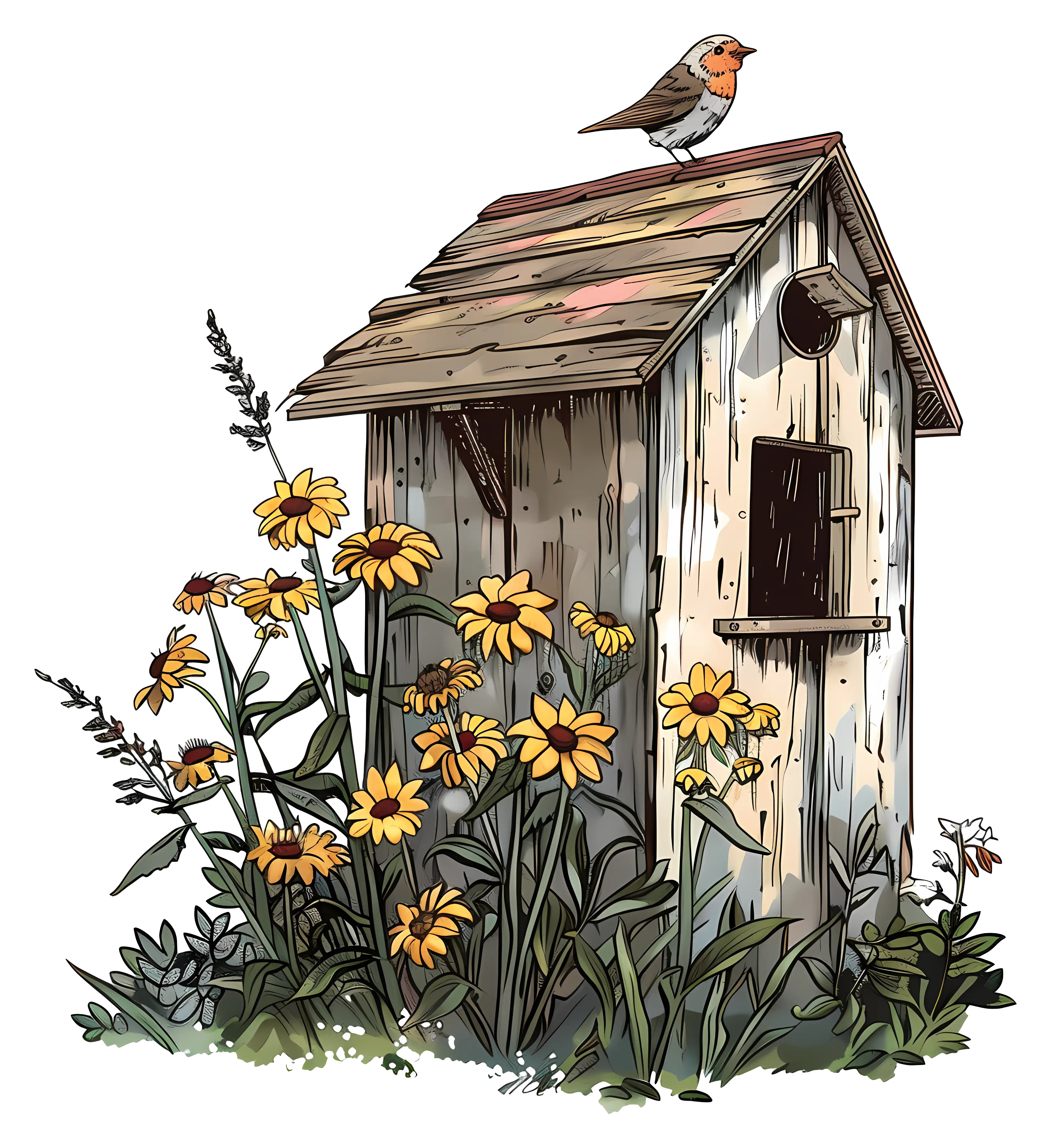 Birdhouse with Flowers and Bird