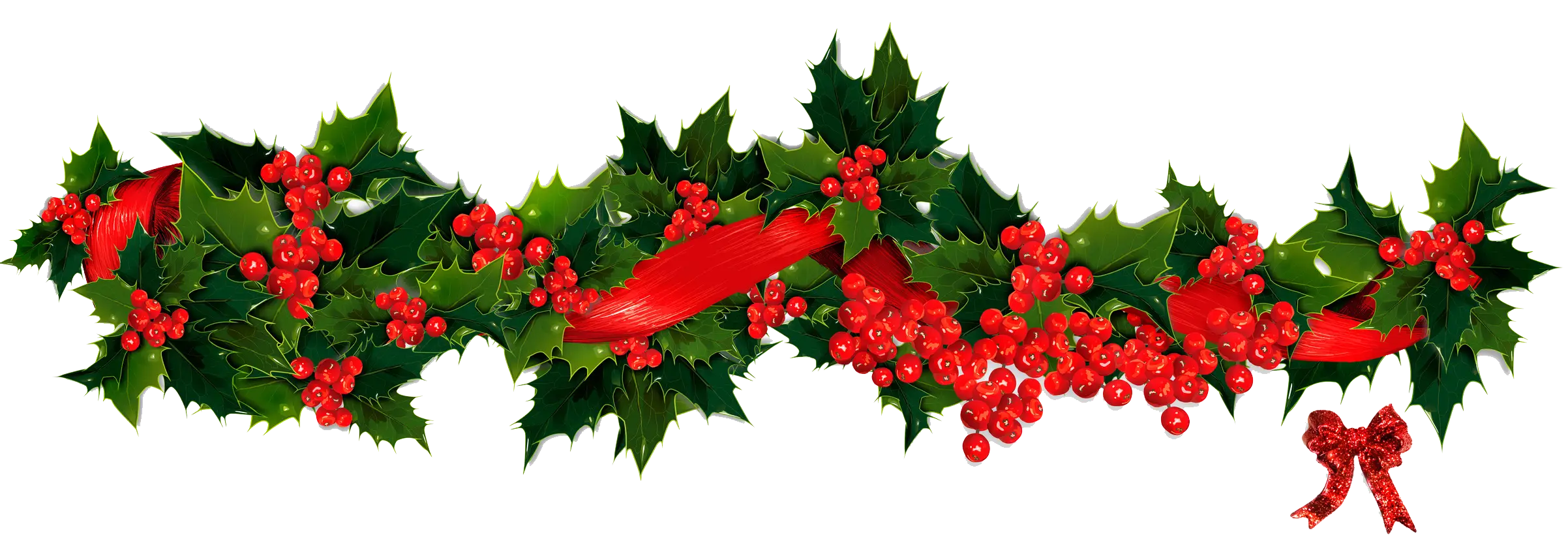 Christmas Garland with Holly and Red Ribbons