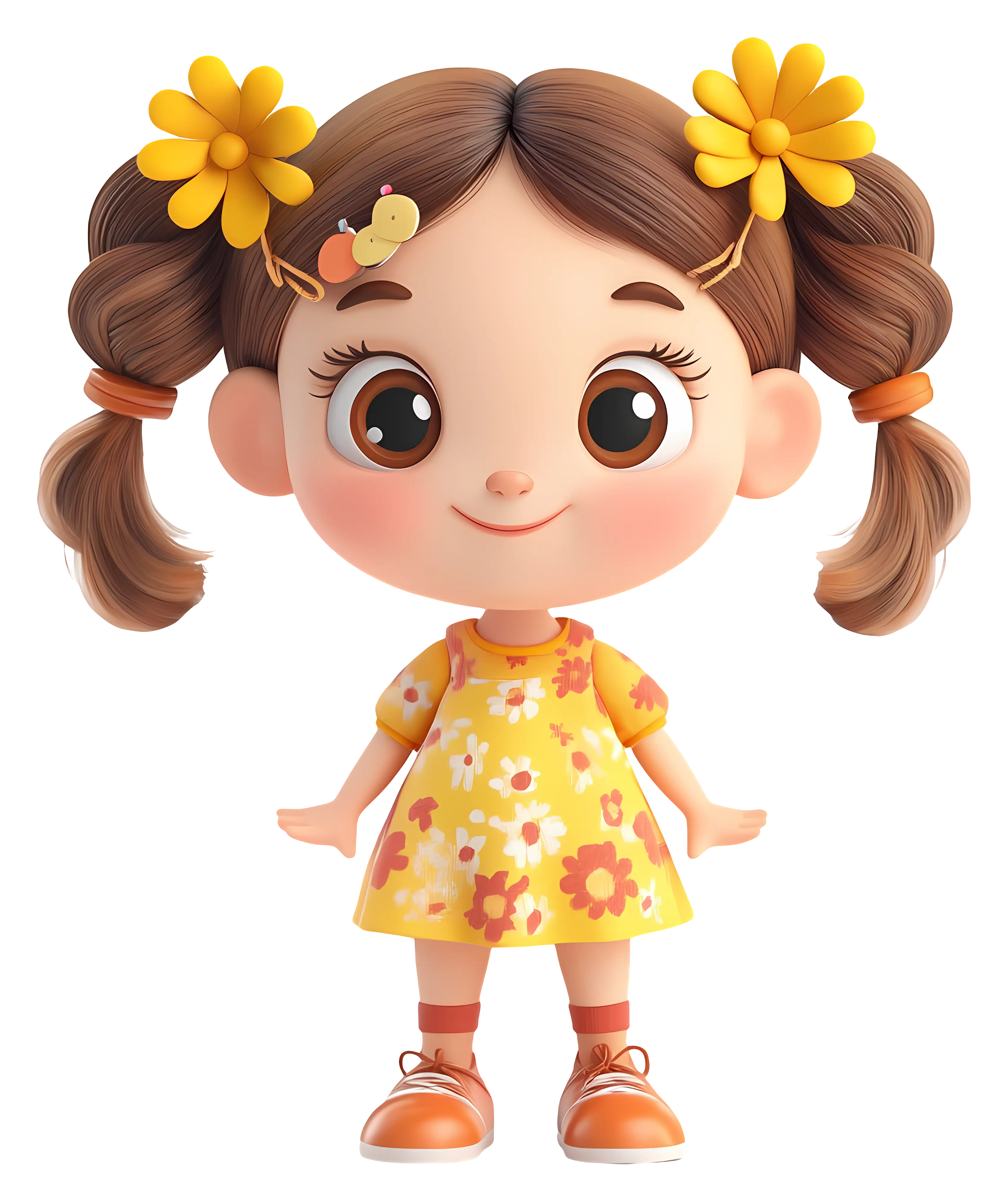 Adorable Cartoon Girl with Floral Dress