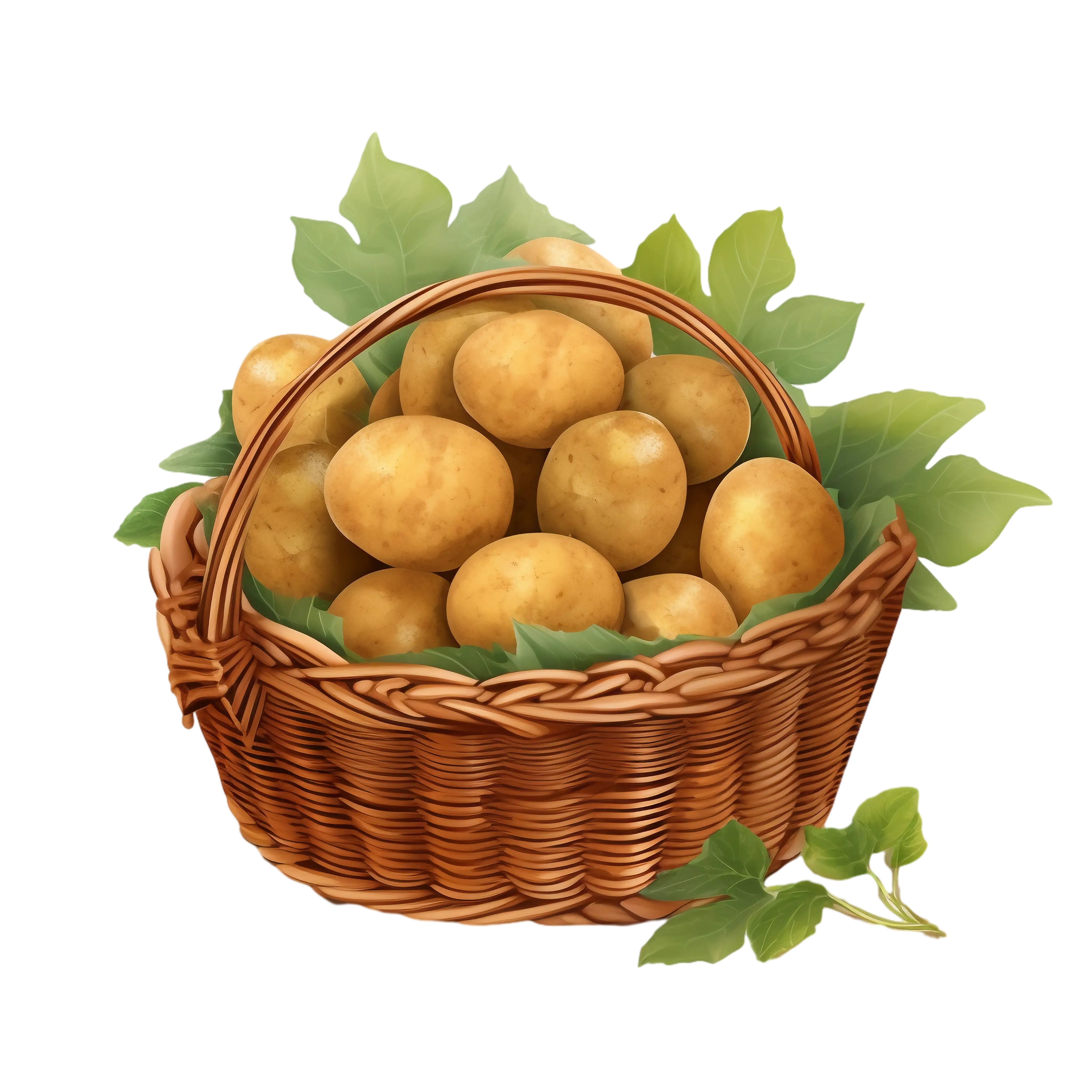 Basket of Potatoes with Green Leaves Illustration