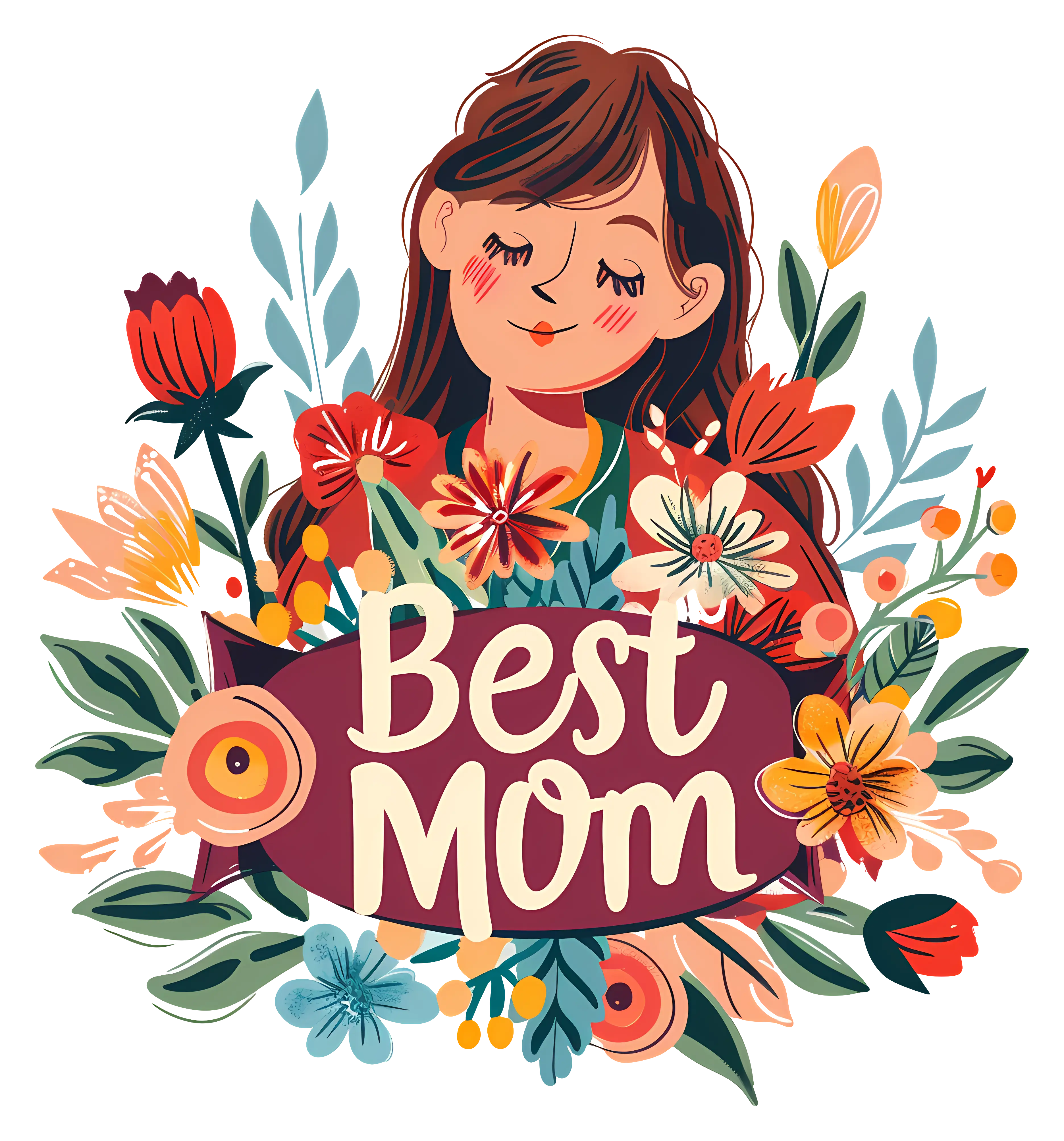 Best Mom Illustrated Card with Cheerful Flowers