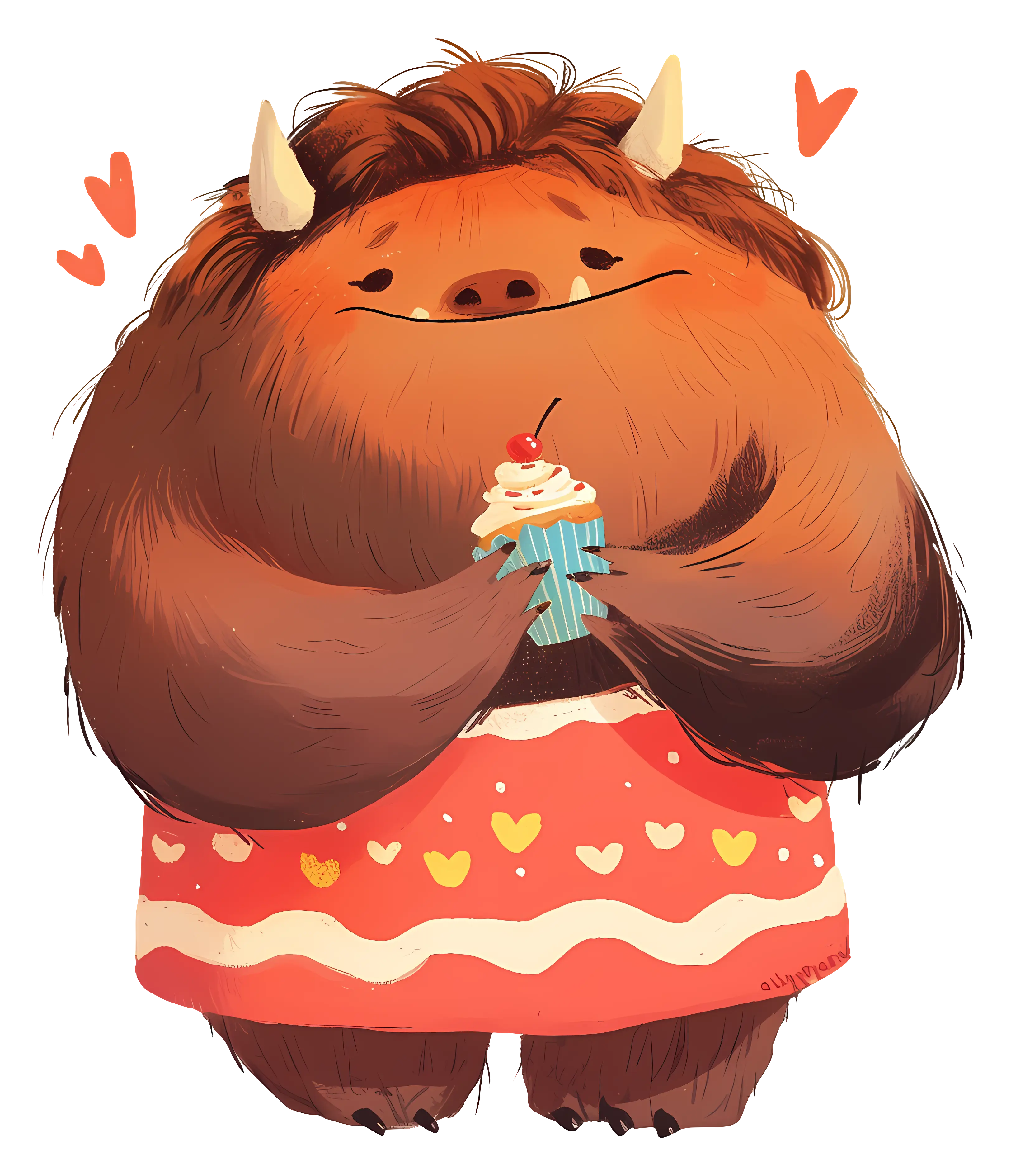 Cute Monster Holding Cupcake with Hearts